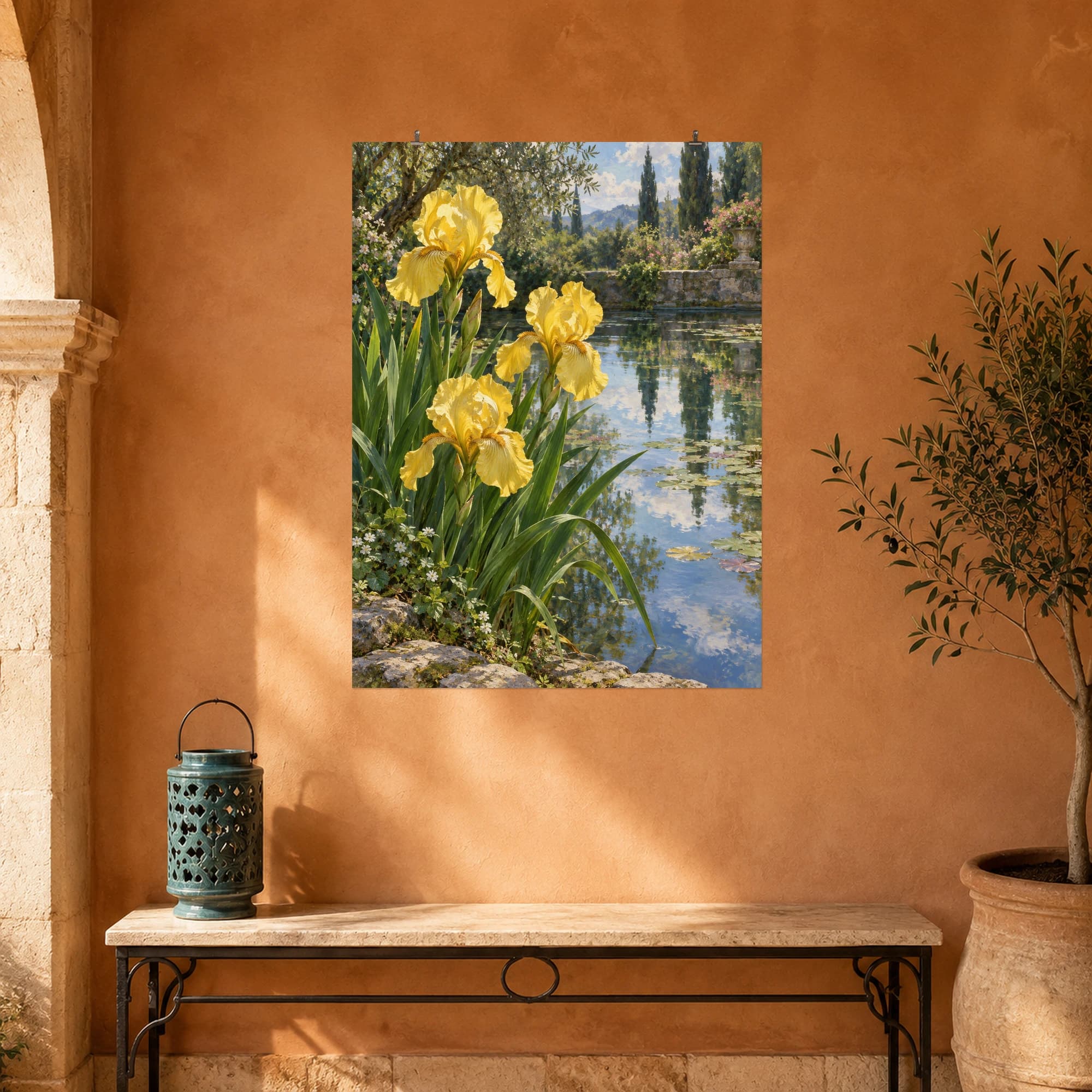Yellow irises rise above a quiet garden pool. Their luminous petals stand out against cool water and softly reflected sky.