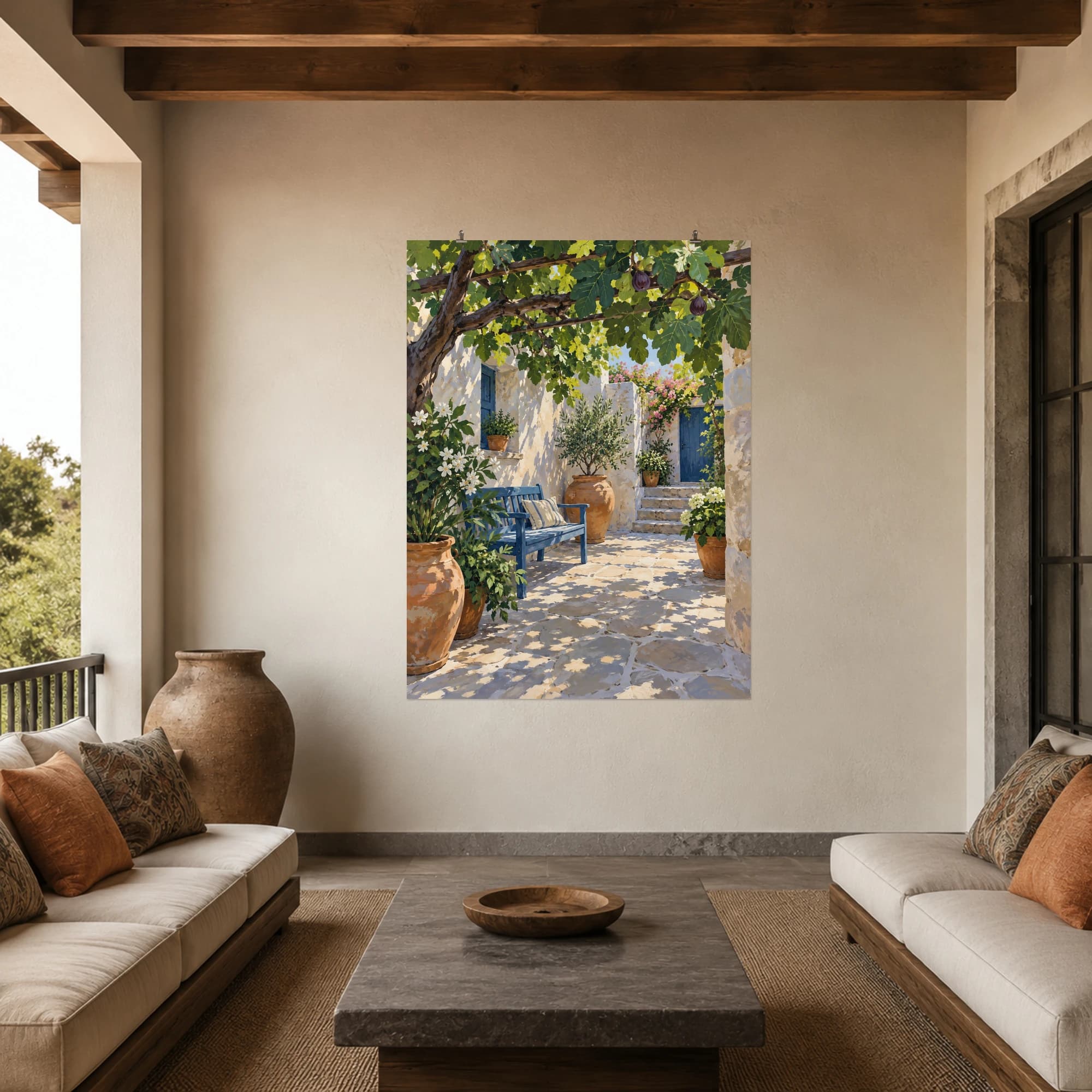 This gouache-style composition features a small pale stone courtyard beneath a leafy fig pergola with a blue bench, terracotta pots and dappled summer light. Expressive brushwork and a balanced palette bring warmth and character to your space.