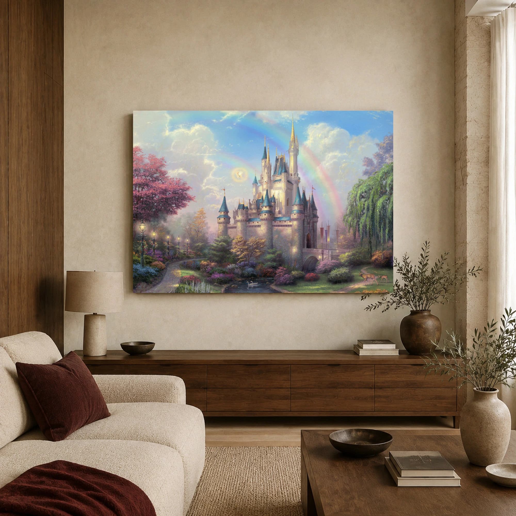 Fairytale Castle Landscape with Double Rainbow Canvas Print, view 3