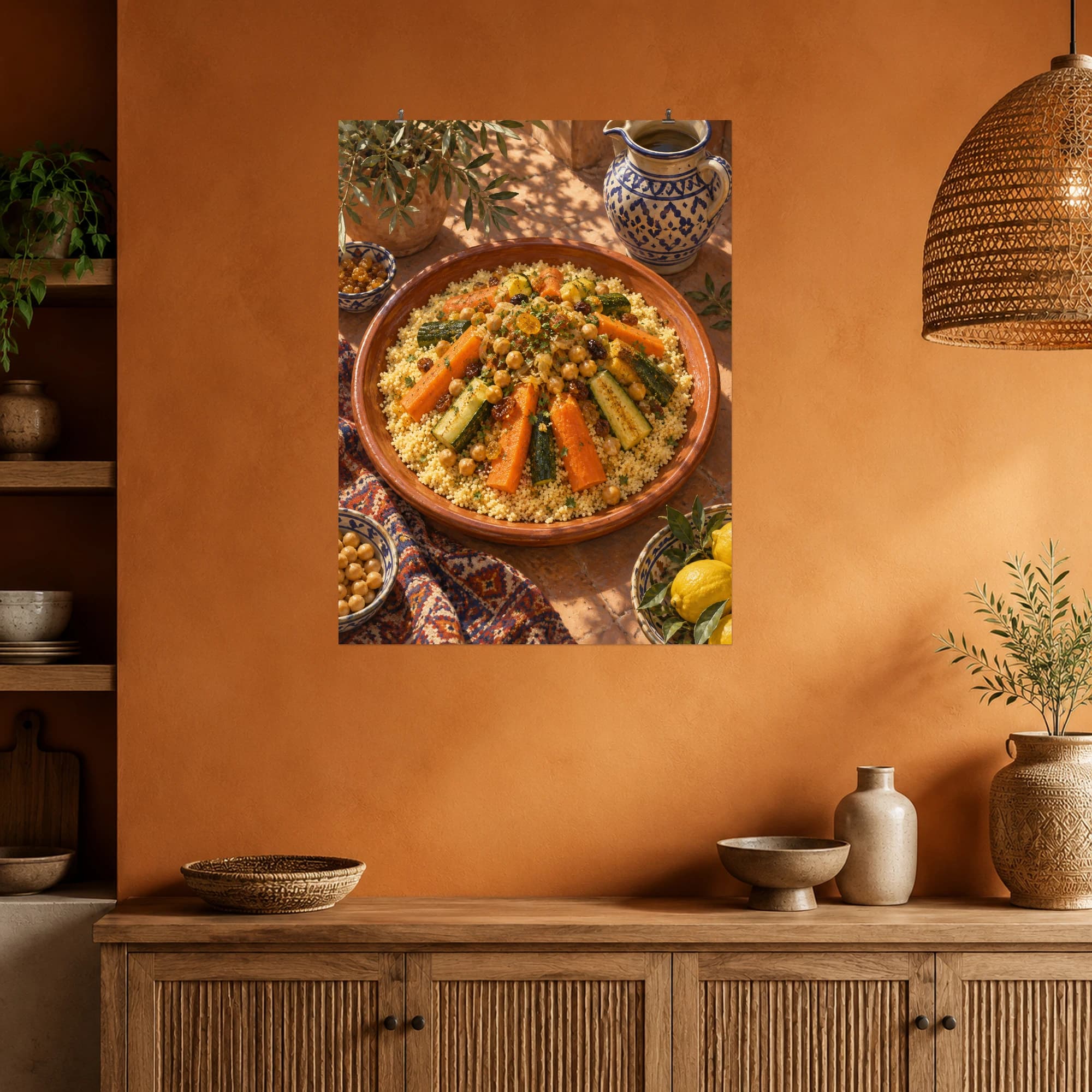 Golden couscous and vegetables gather on a terracotta platter in warm courtyard light.