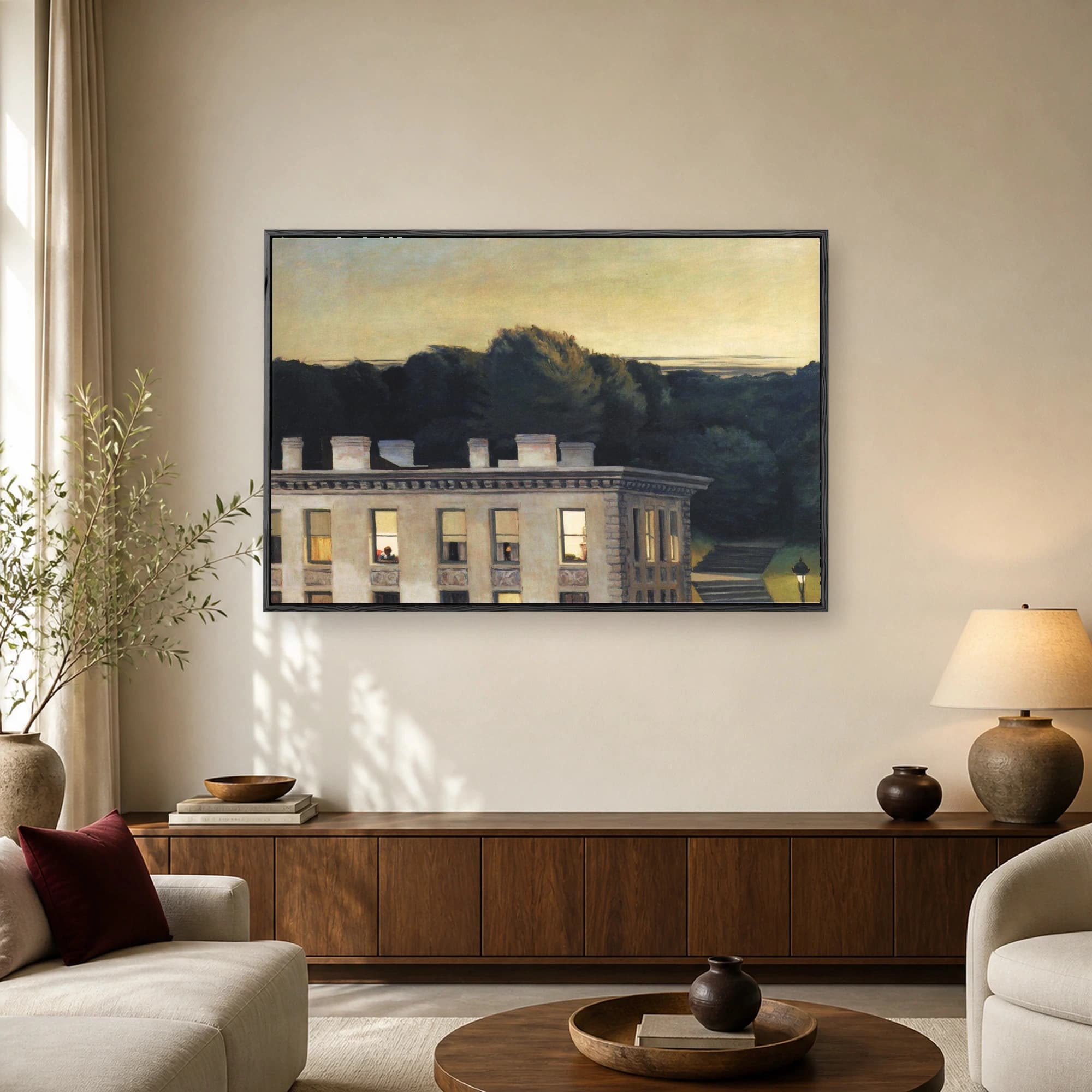 Fine art print of a white building with glowing windows at twilight against dark trees and a pale evening sky