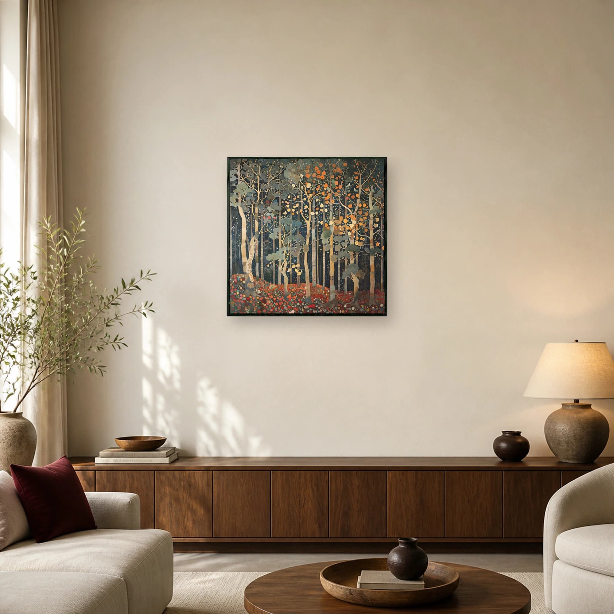 A symbolist painting of a dense forest with golden trees, patterned foliage, and a vibrant wildflower meadow under a dark blue sky.