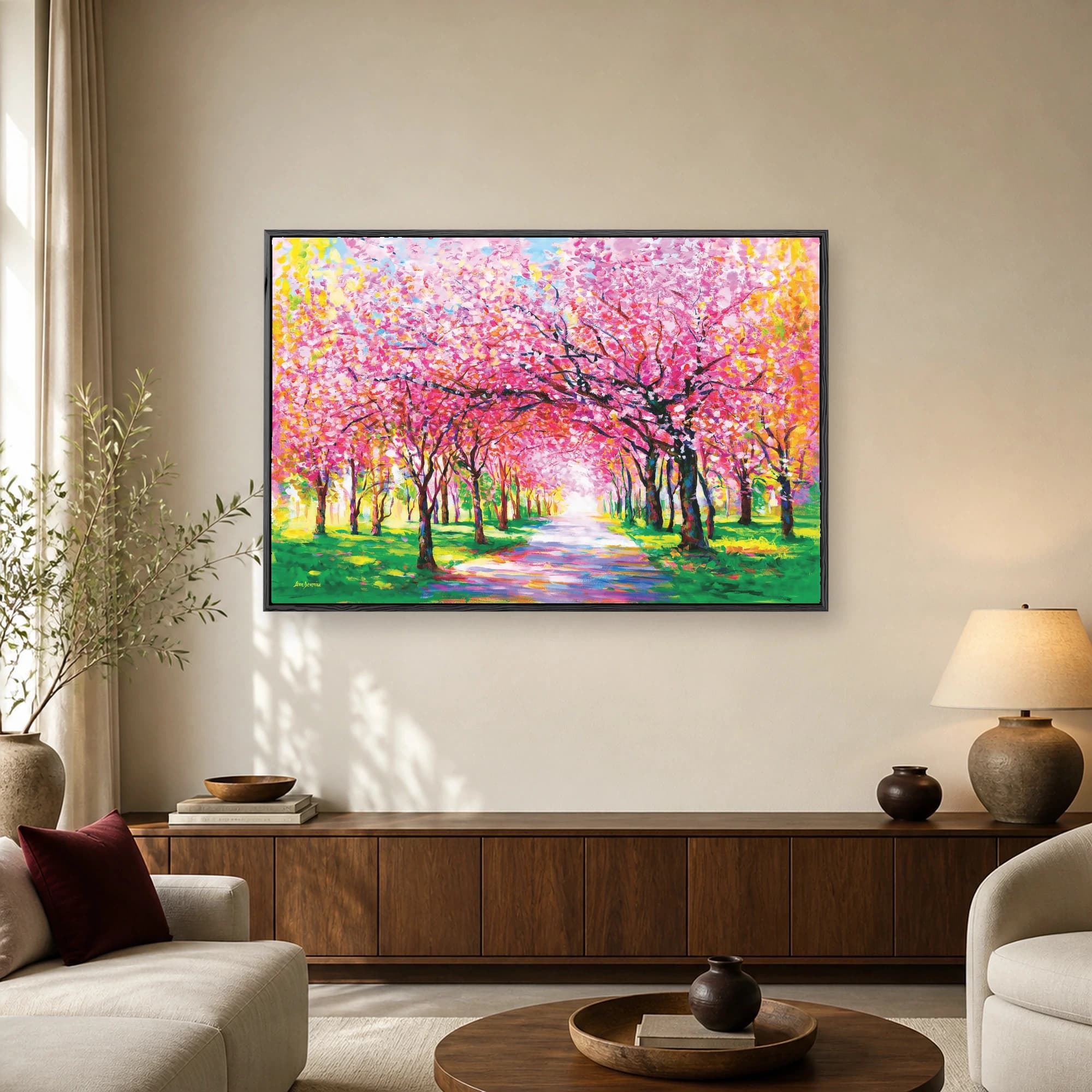 Impressionist painting of a sunlit pathway under a vibrant canopy of pink cherry blossom trees.