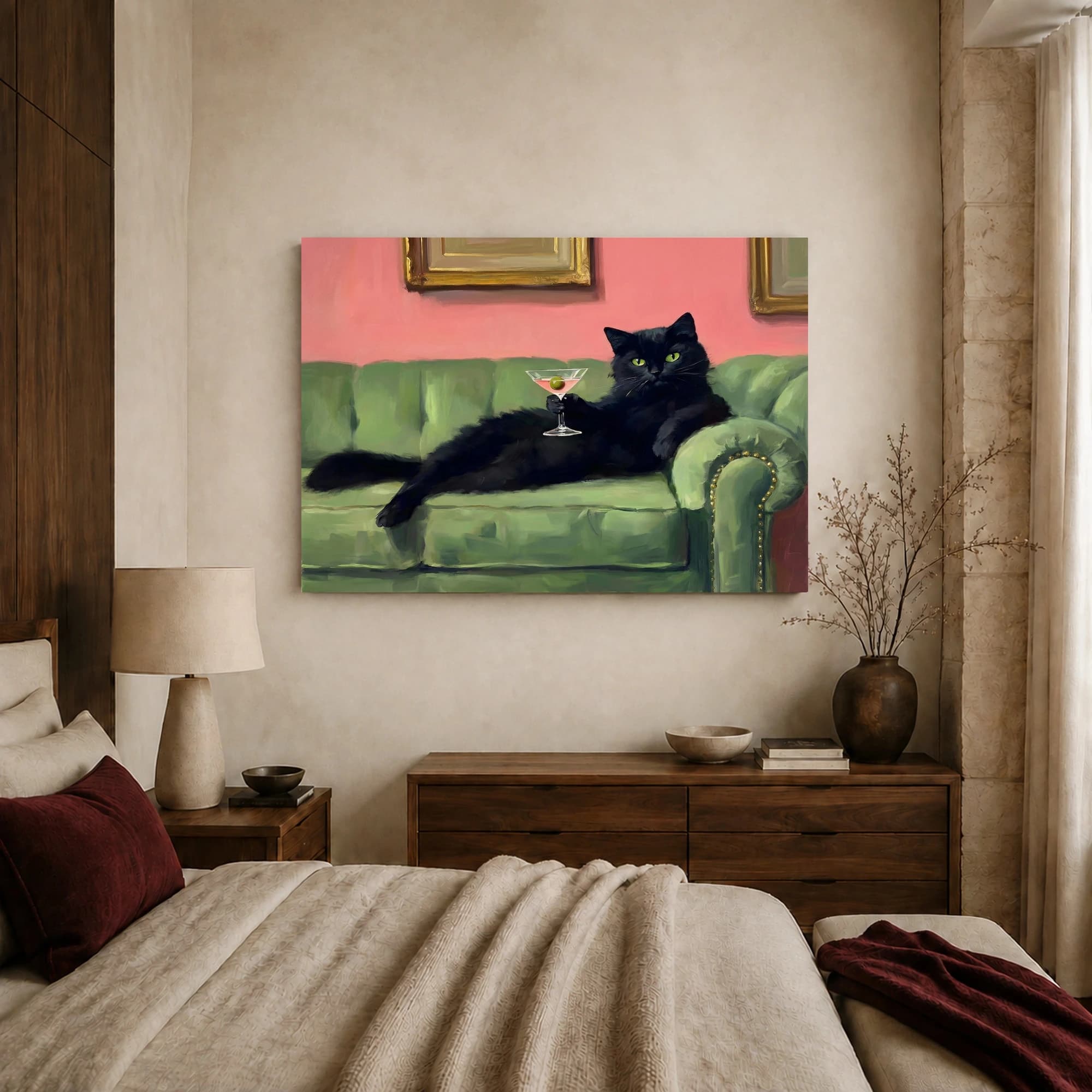 Sophisticated Black Cat Drinking Martini Canvas Art, view 6