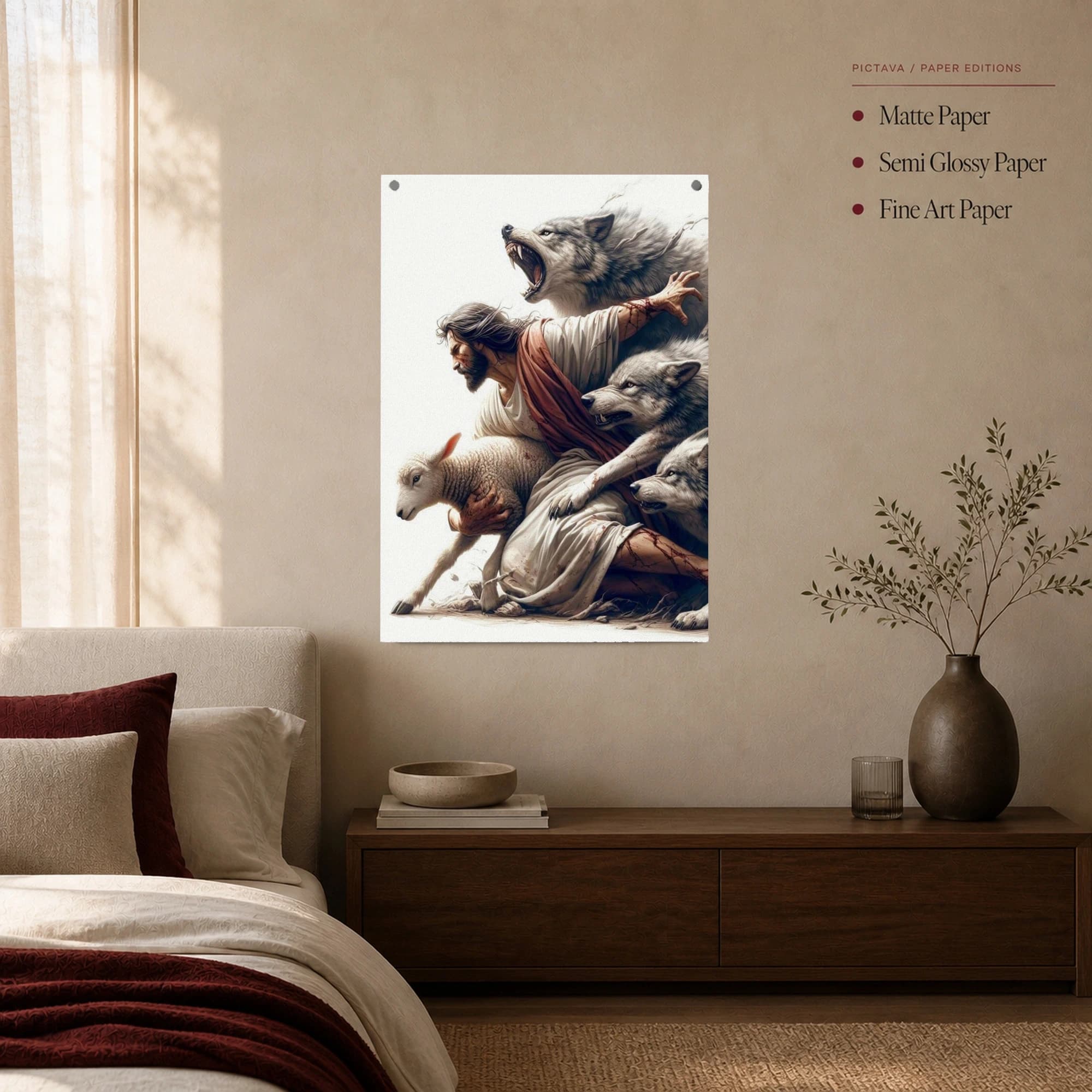 Shepherd Protecting Lamb from Wolves Canvas Print, view 6