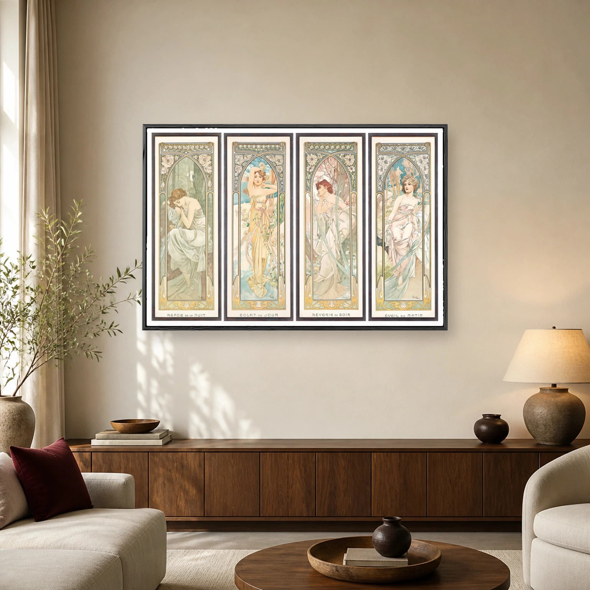 Four vertical Art Nouveau panels by Alphonse Mucha depicting allegorical female figures representing the times of the day with floral borders