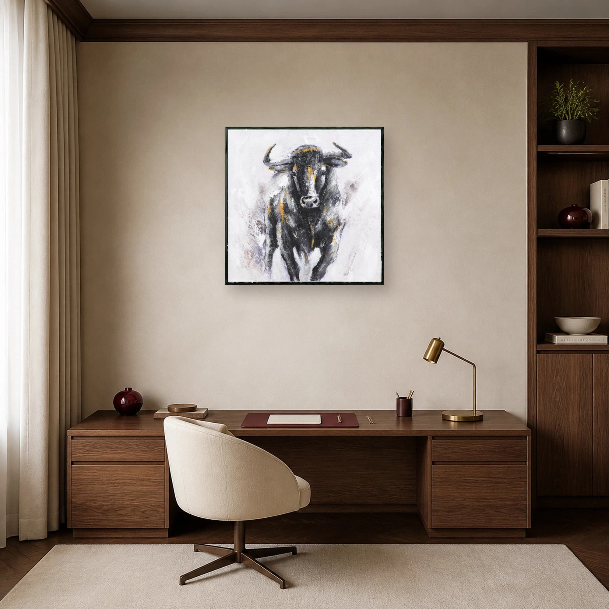 Textured impasto oil painting of a powerful black bull charging forward with gold highlights against a white background