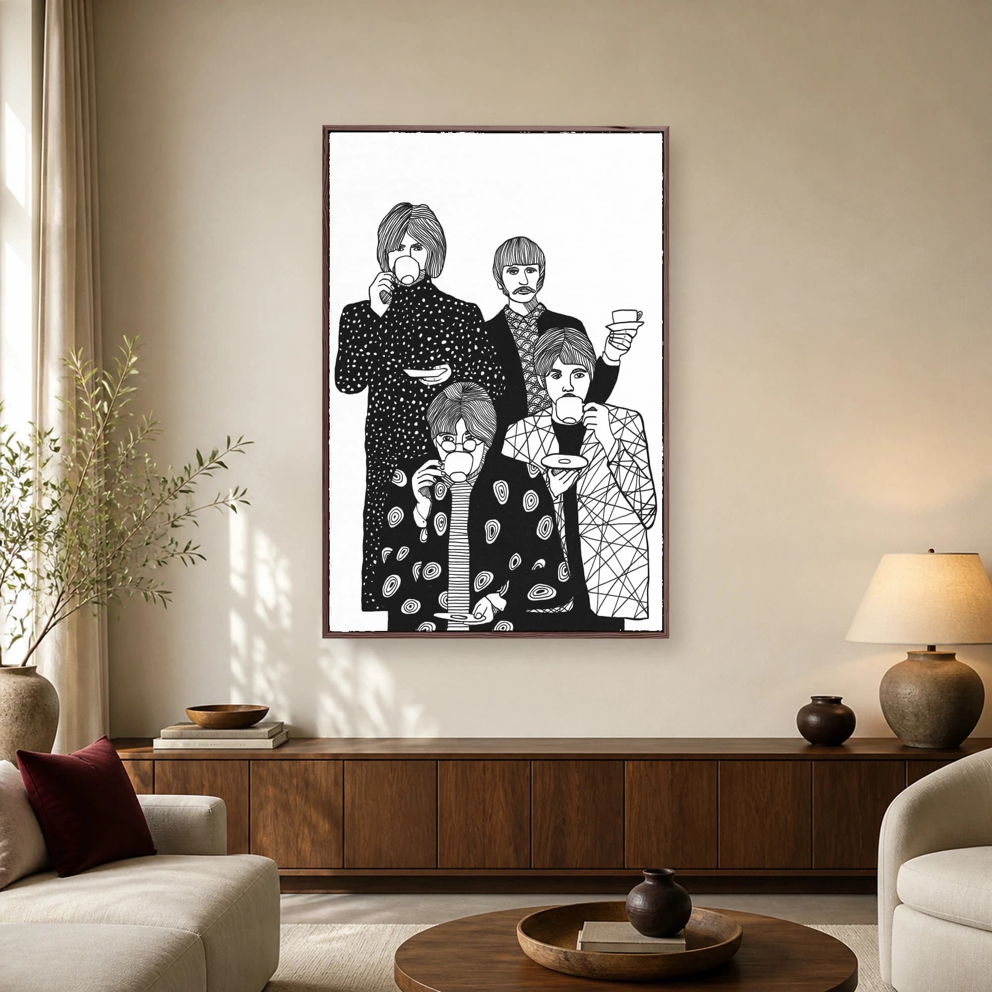 The Beatles Tea Party Black and White Line Art, view 2