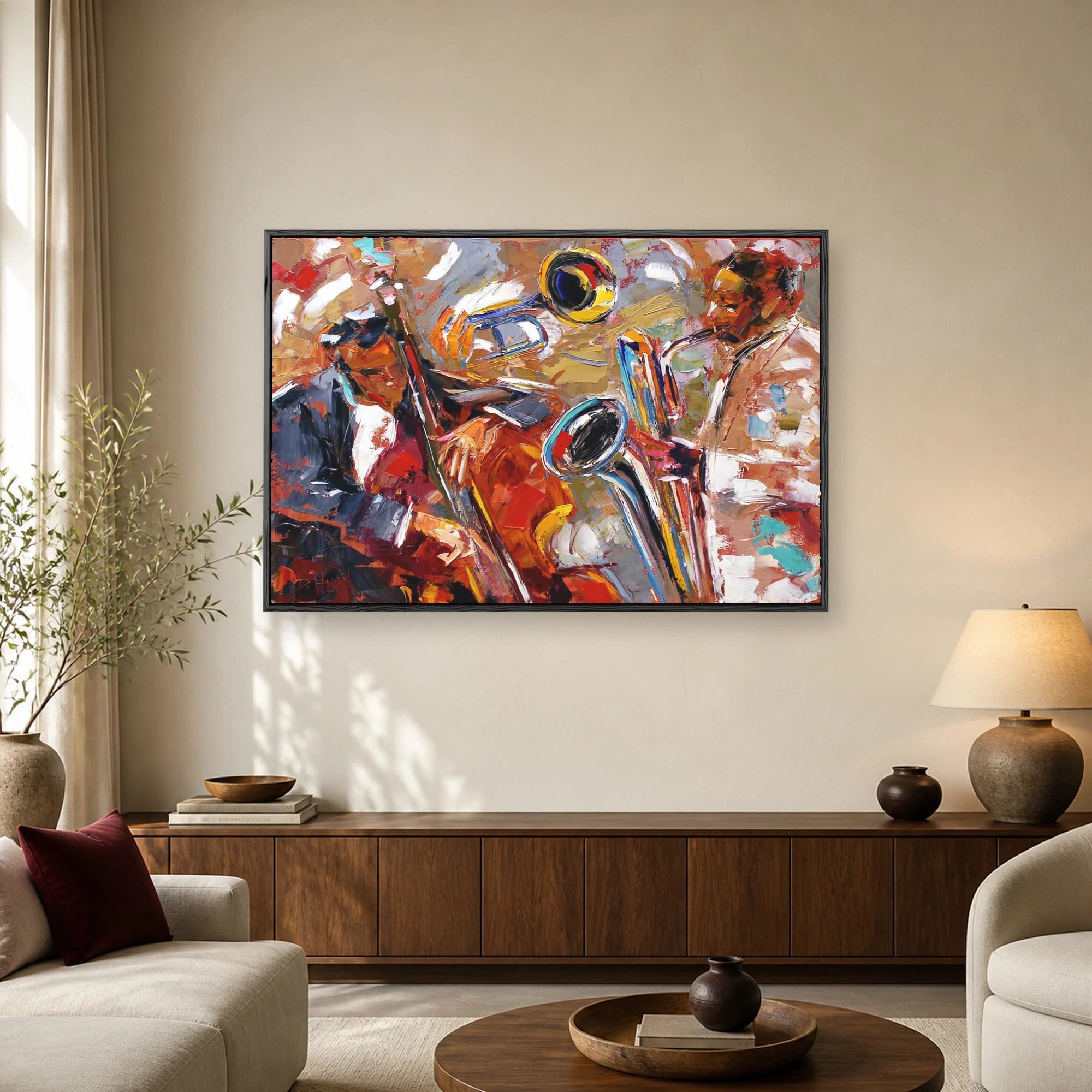 Textured impasto oil painting of jazz musicians playing saxophone, trumpet, and upright bass in warm red and orange tones.