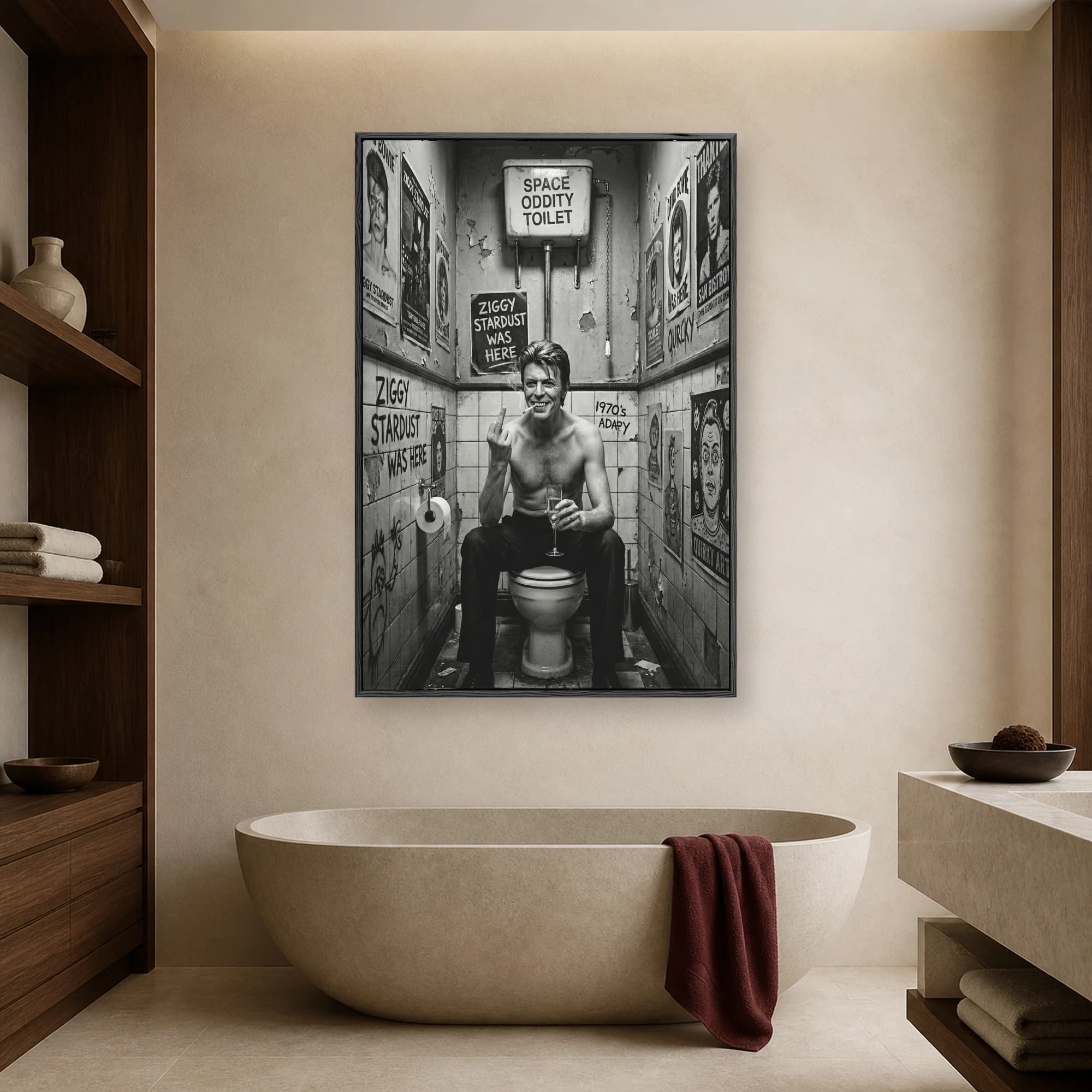 Black and white parody portrait of a David Bowie lookalike as Ziggy Stardust smoking a cigarette and flashing the middle finger while sitting on a toilet in a graffiti-covered