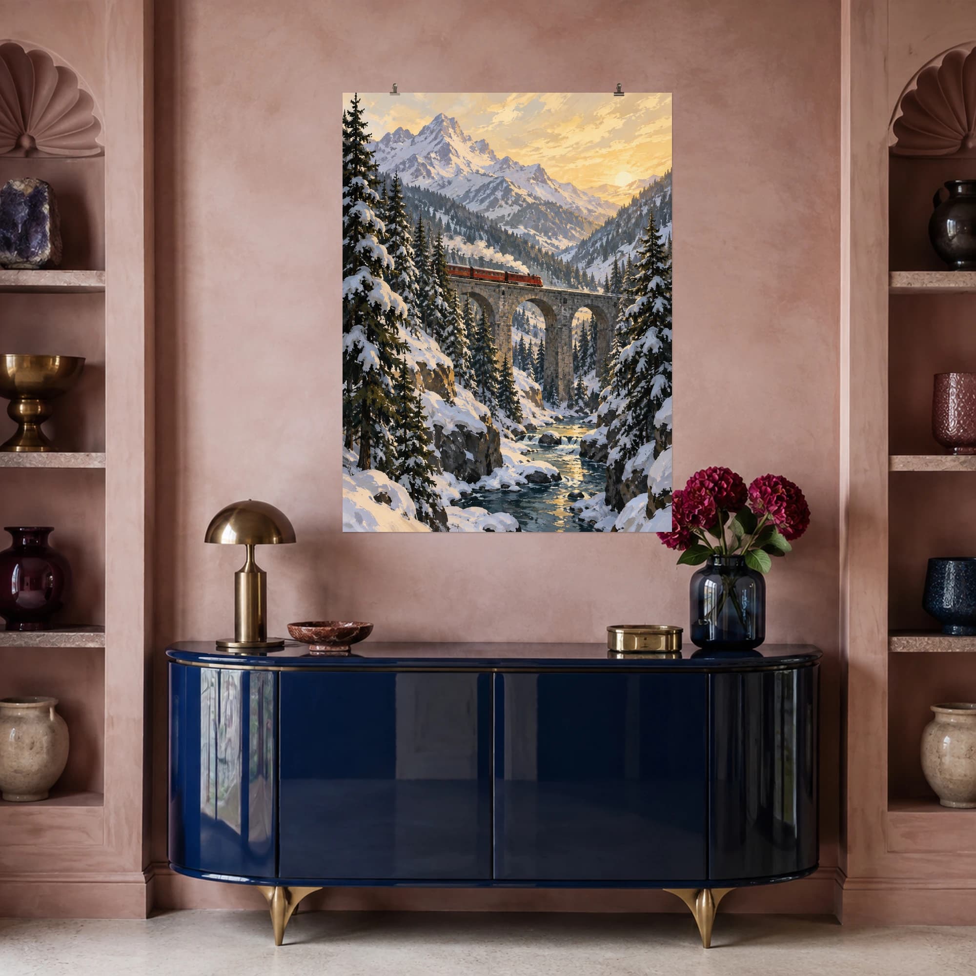This gouache-style composition features a small red train crossing a stone viaduct through a snowy pine valley beneath a pale golden sky, no text. Expressive brushwork and carefully balanced color bring a distinctive focal point to your wall.