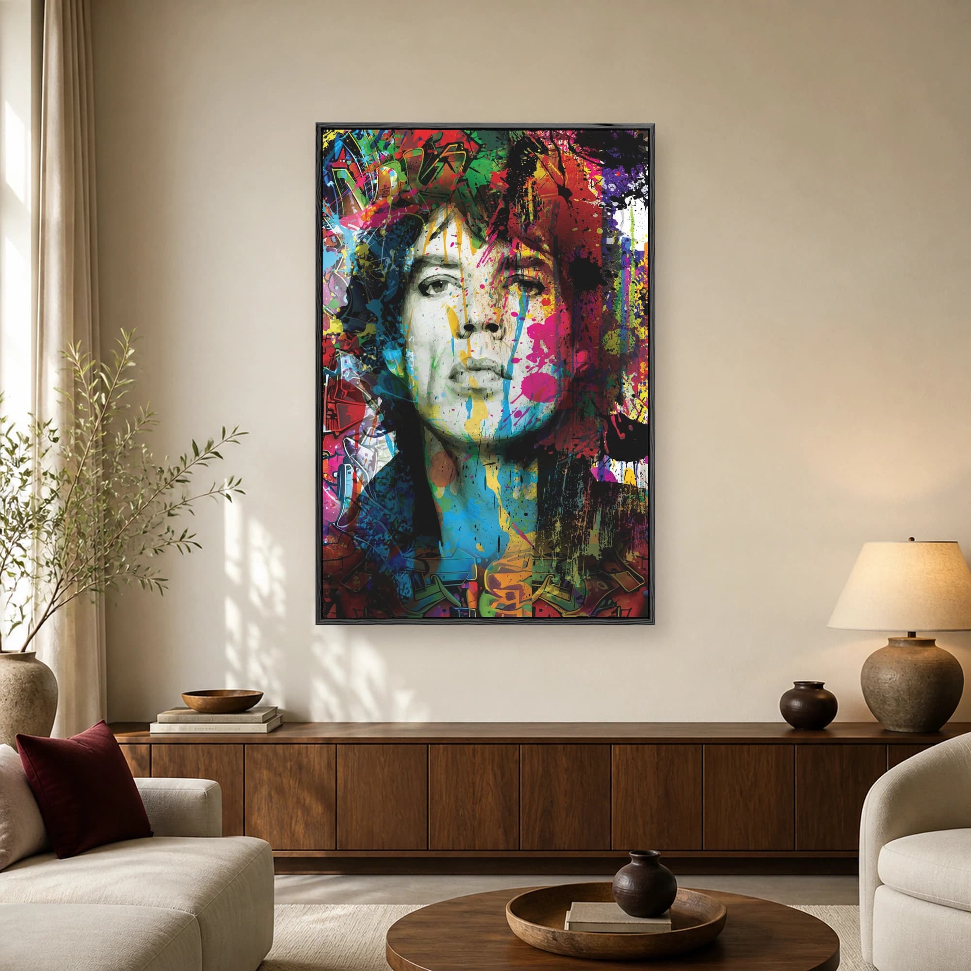 Vibrant pop art portrait of Jim Morrison covered in colorful paint splatters and graffiti style splashes against a multi-hued background.