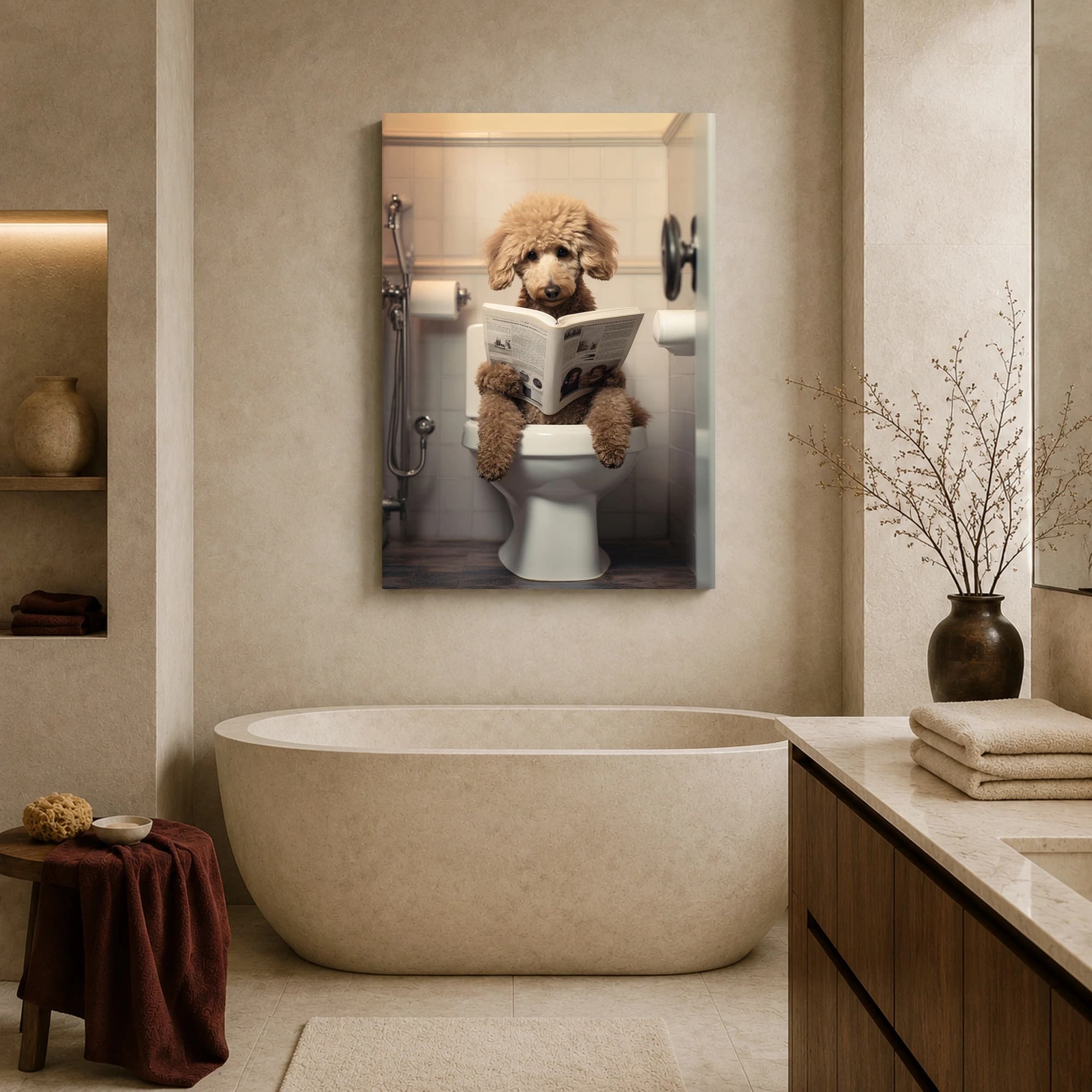 Poodle Reading Newspaper on Toilet Funny Bathroom Wall Art, view 7