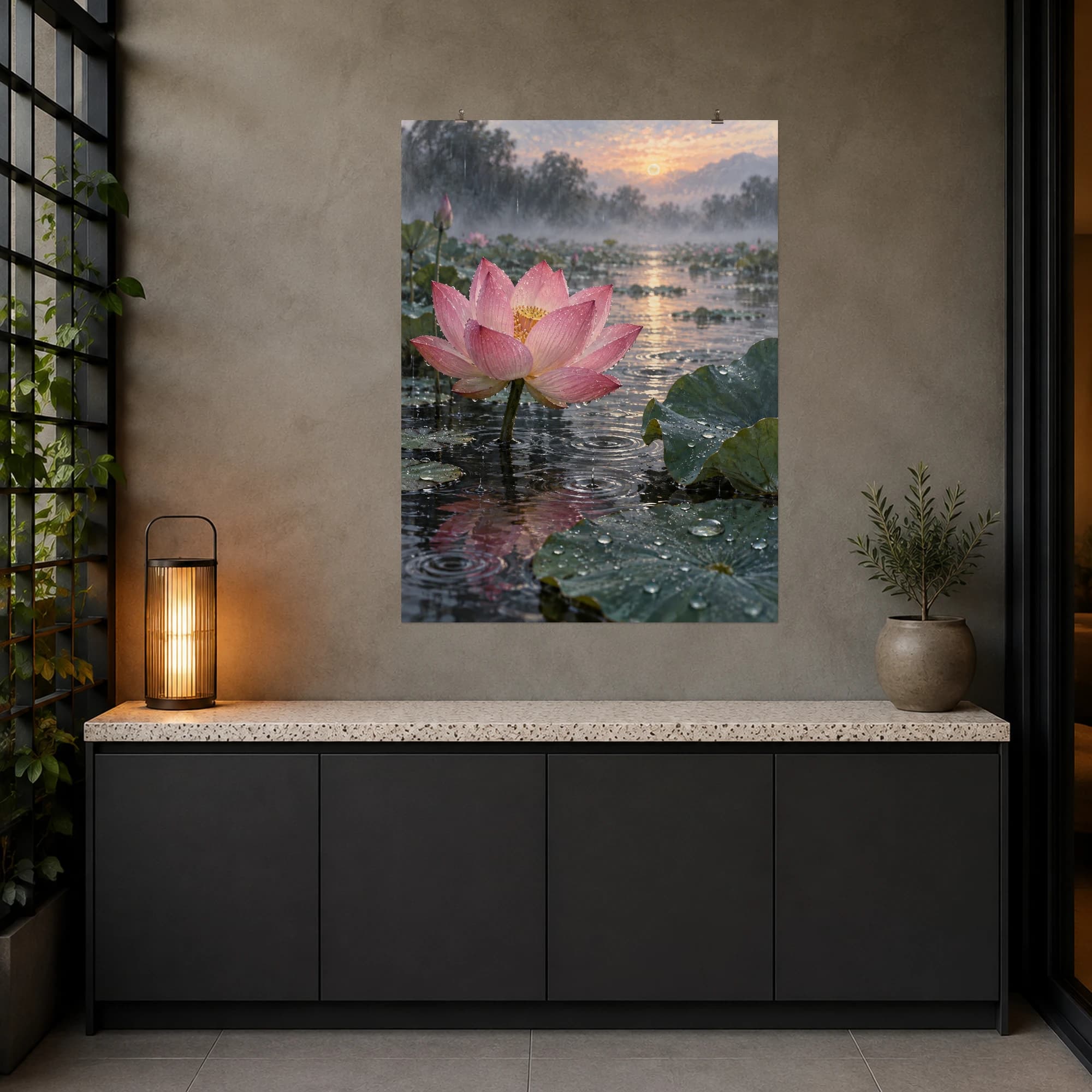 A pink lotus opens above a quiet blue pond dotted with rain ripples.