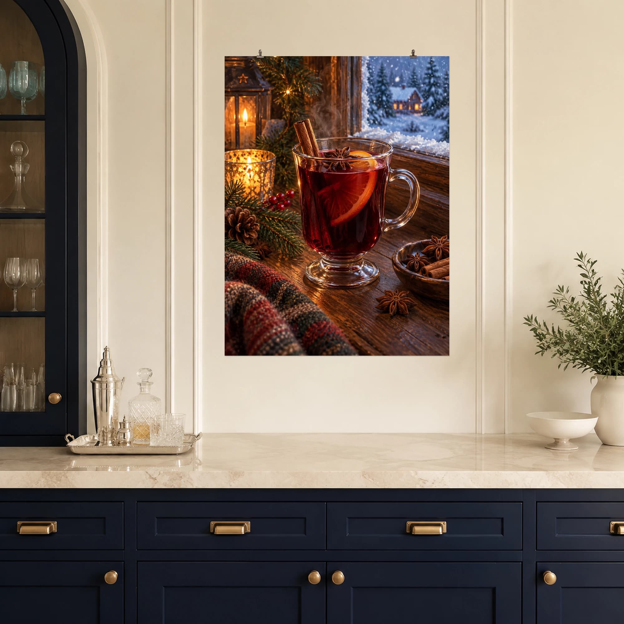 Mulled wine and warming spices glow beside a snowy winter window.