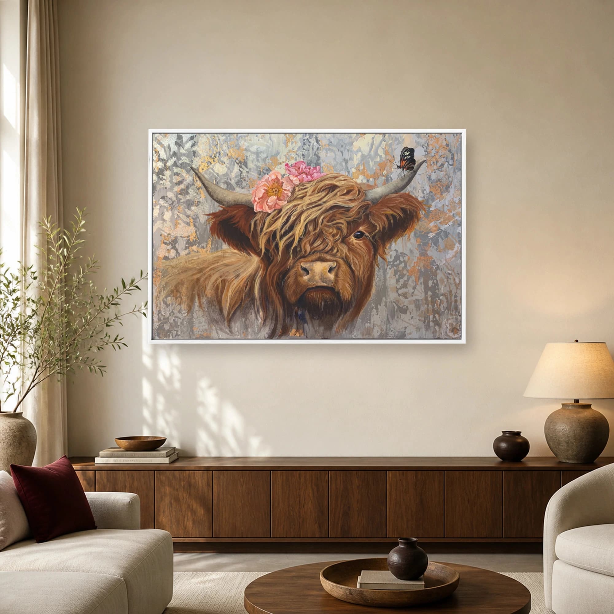 Highland Cow Canvas Print with Pink Peonies, view 2