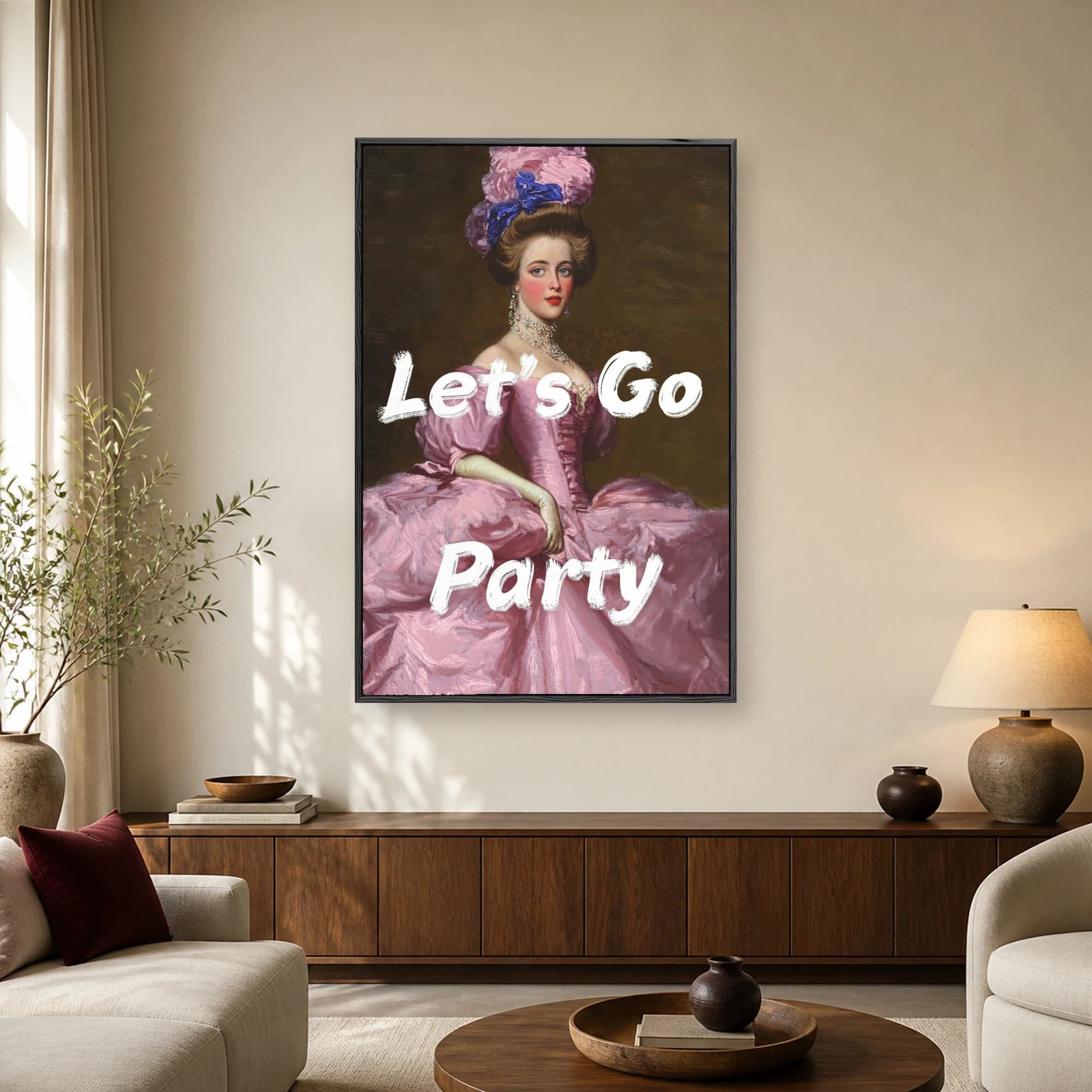 A classical oil painting portrait of an 18th-century woman in a voluminous pink gown and powdered wig, overlaid with white brushstroke text that reads Let's Go Party.