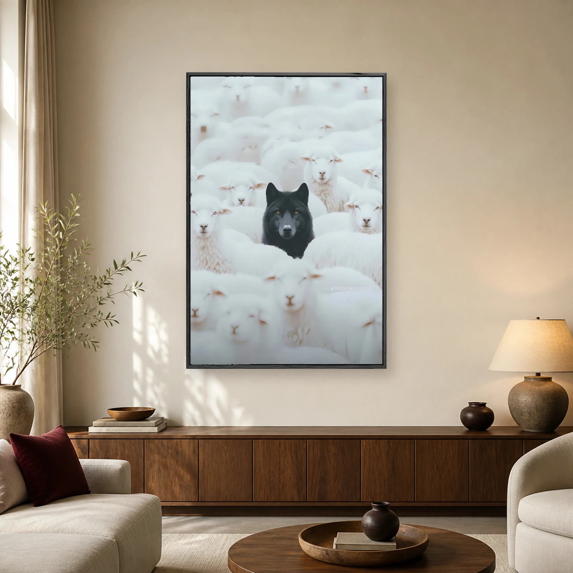 A striking black wolf with glowing amber eyes stands out in the center of a dense crowd of white sheep in this surrealist artwork.
