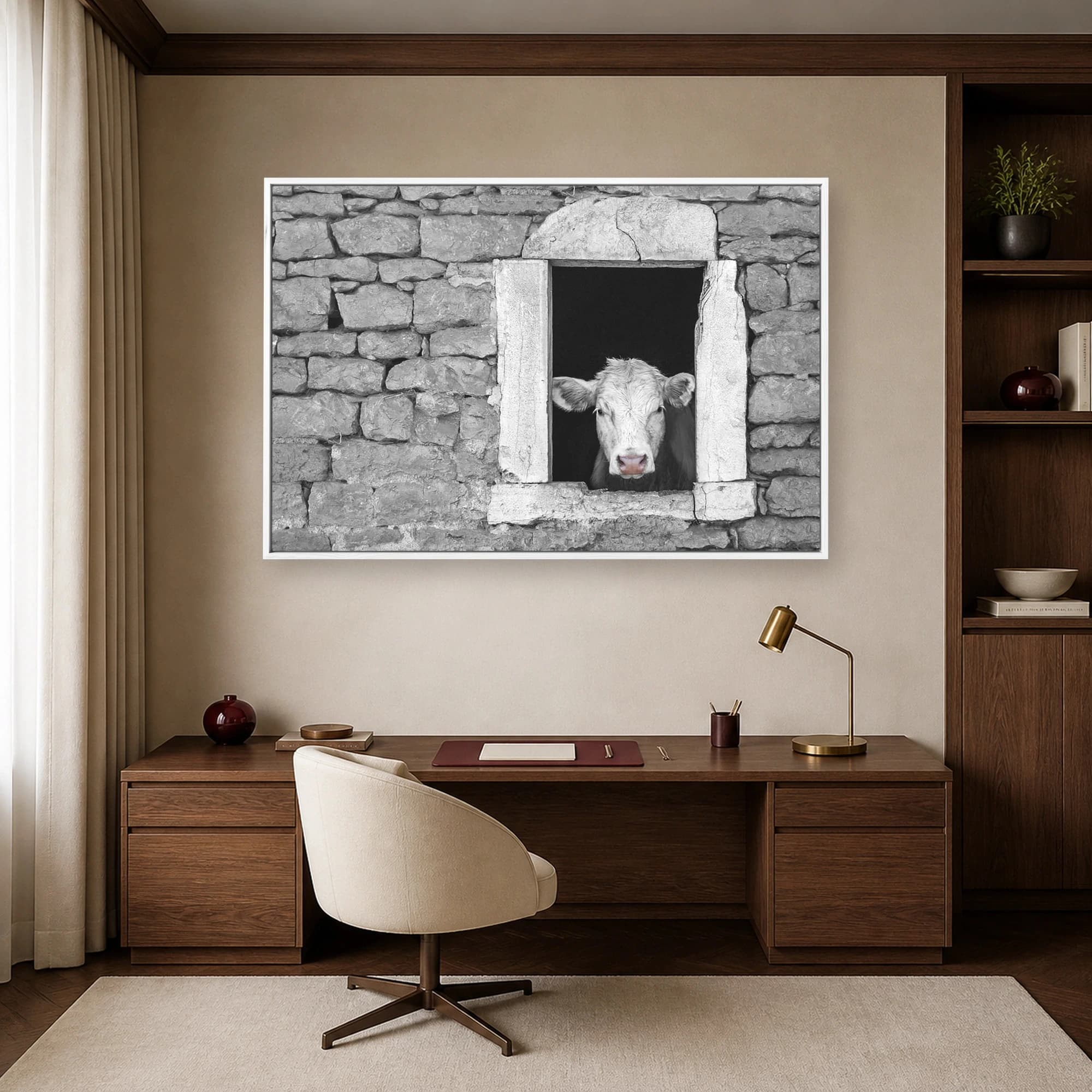 Curious Cow in Stone Window Black and White Farmhouse Wall Art, view 7
