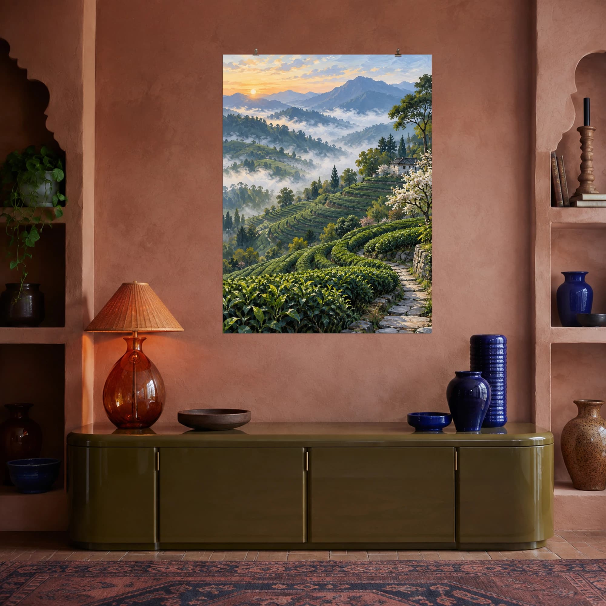 This gouache-style composition features curving hillside tea terraces with morning mist, distant blue mountains and a small stone path. Expressive brushwork and carefully balanced color bring a distinctive focal point to your wall.