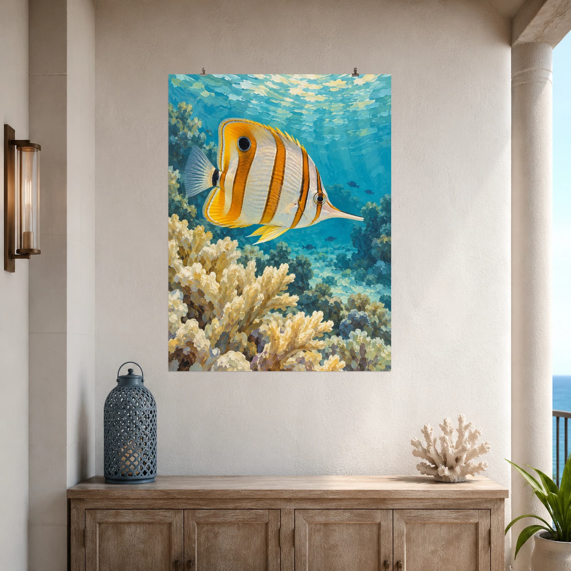 This gouache-style composition features a copperband butterflyfish with a long pointed snout and copper vertical stripes above cream coral in clear turquoise water. Expressive brushwork and a balanced palette bring warmth and character to your space.