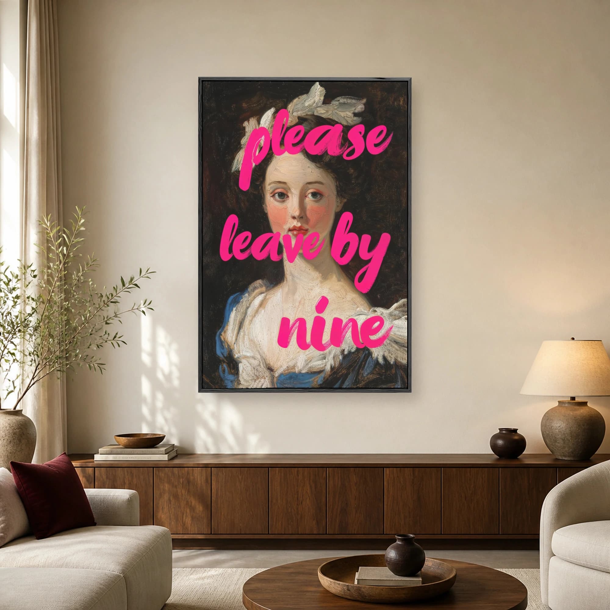 A classical 18th century oil painting portrait of a woman overlaid with bold neon pink cursive text that reads please leave by nine