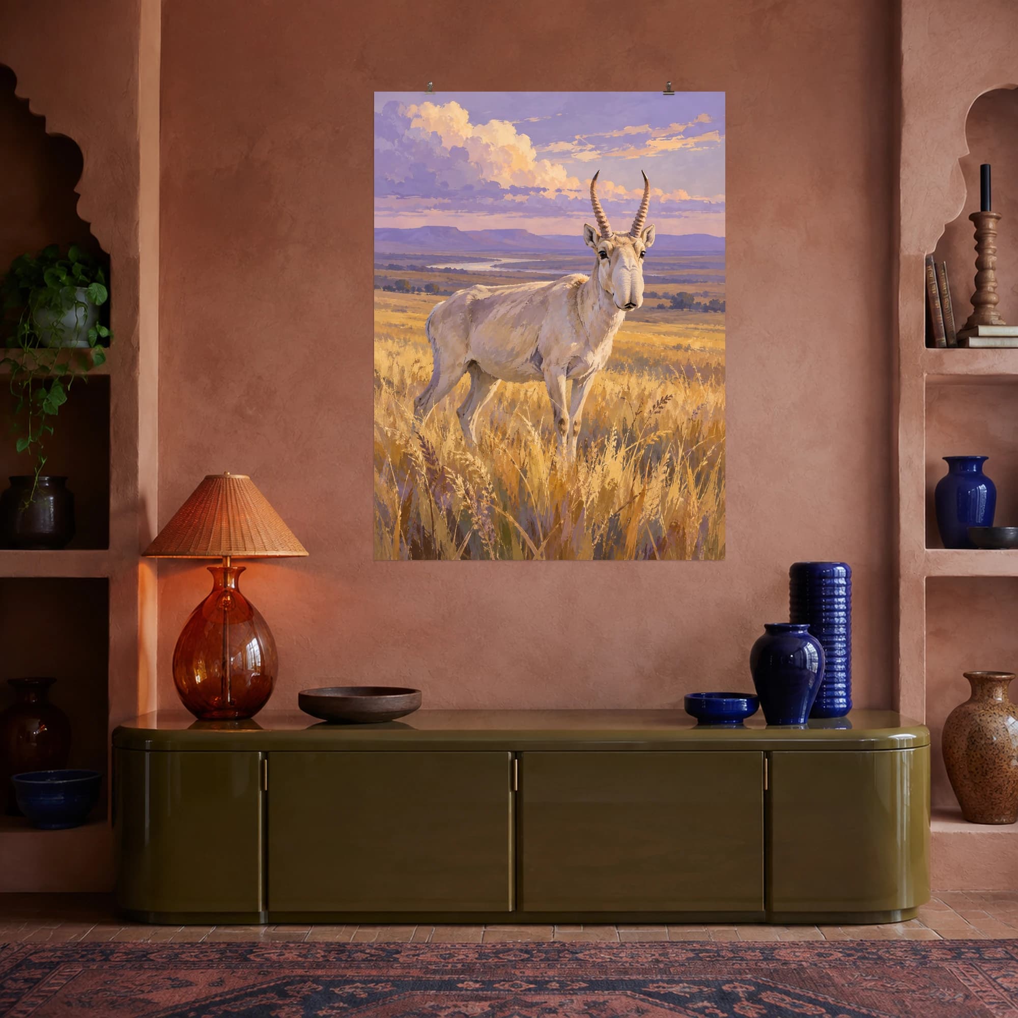 This gouache-style composition features a pale saiga antelope with distinctive bulbous nose standing in golden steppe grasses, broad lavender horizon and quiet clouds. Expressive brushwork and a balanced palette bring warmth and character to your space.