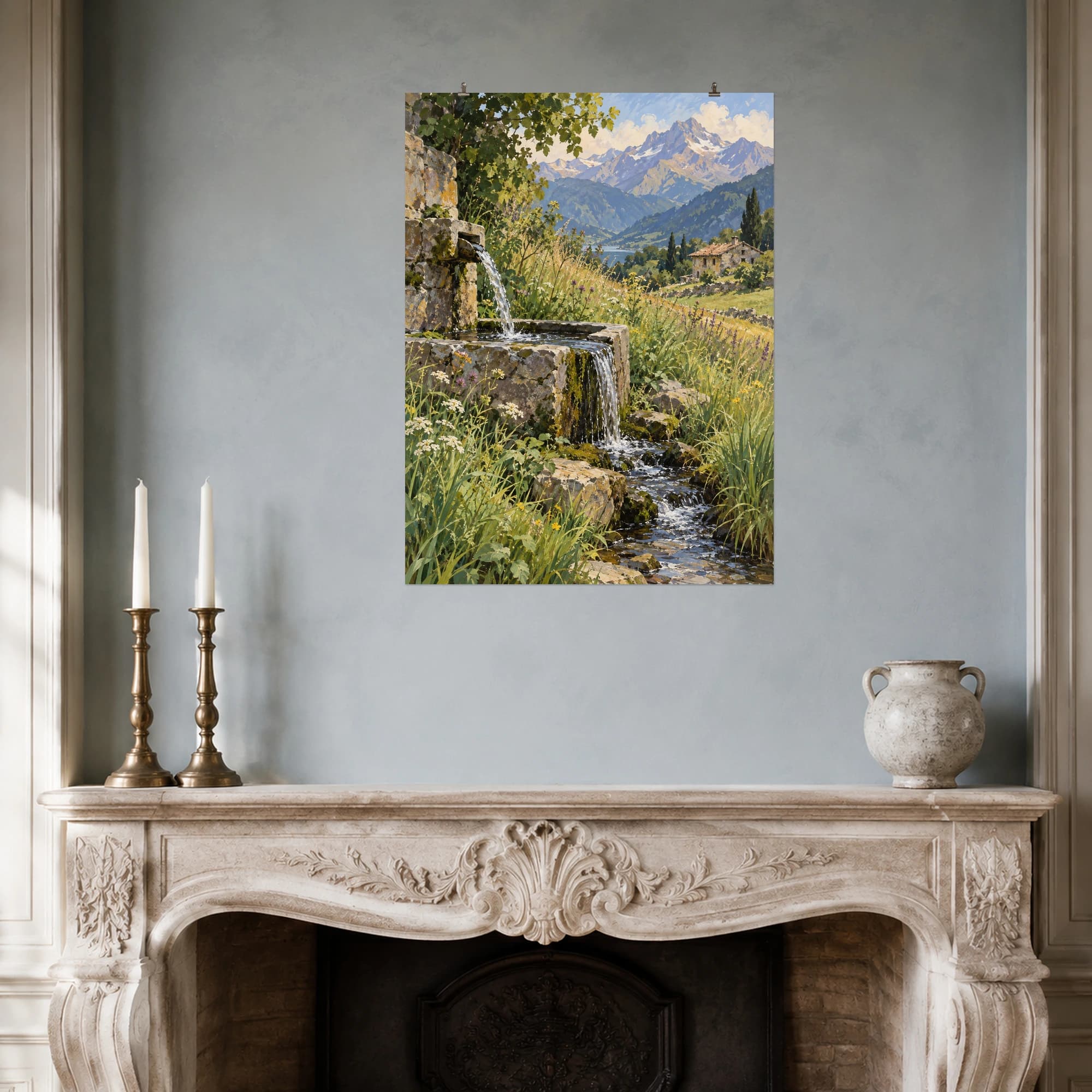This gouache-style composition features an old stone water trough overflowing into a narrow rill beside wild grasses and a distant mountain cottage. Expressive brushwork and a balanced palette bring warmth and character to your space.