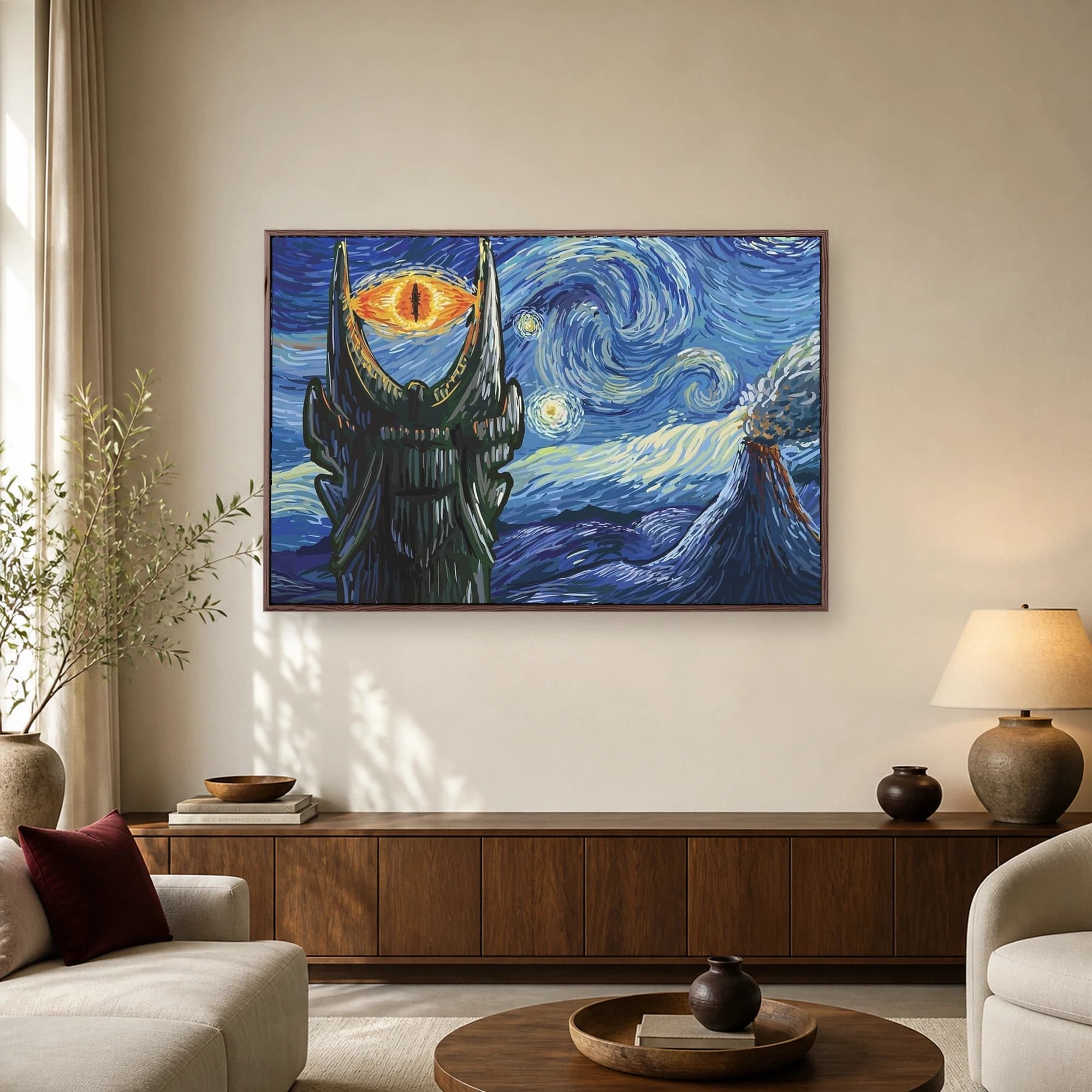 A post-impressionist parody print in the style of Starry Night featuring the Eye of Sauron on Barad-dûr tower and Mount Doom under swirling blue skies.