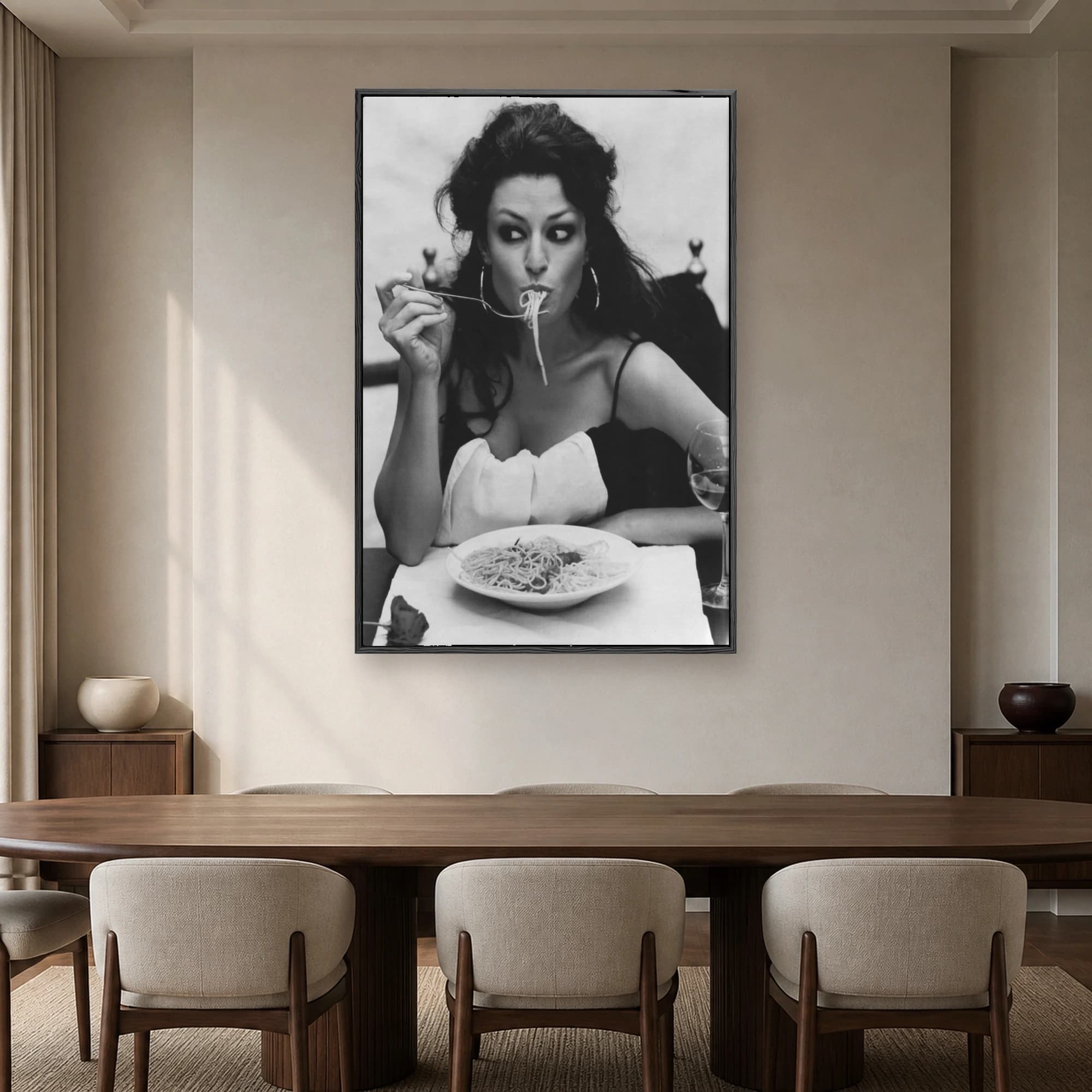 Sophia Loren Eating Spaghetti Black and White Photography Wall Art, view 3