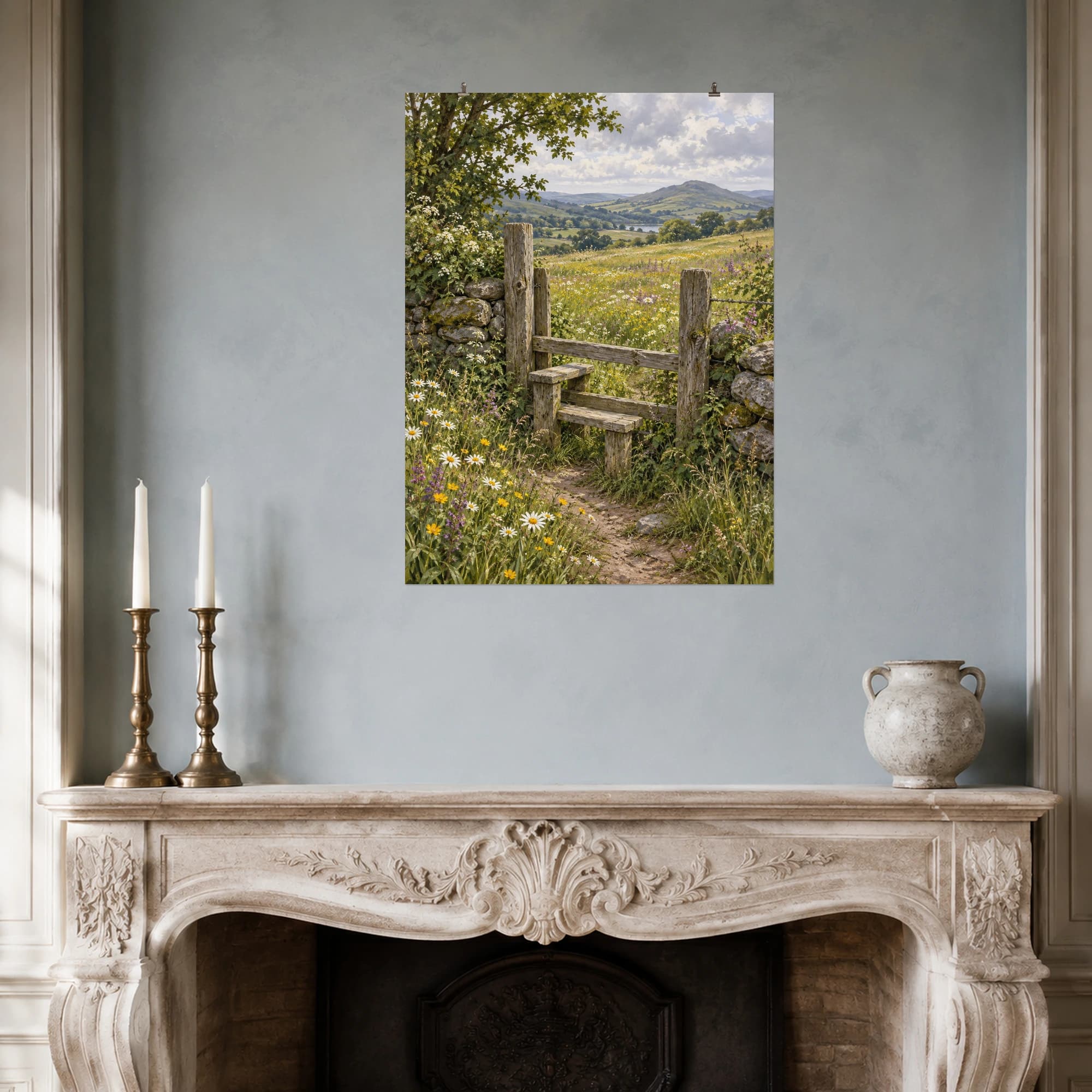 A wooden stile opens onto a wildflower meadow and distant hills. Scattered blossoms and soft daylight capture the feeling of a countryside walk.