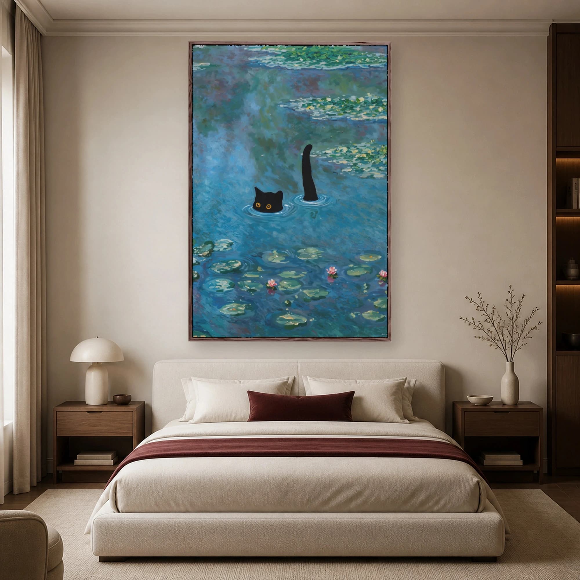 Black Cat Swimming in Water Lilies Pond Impressionist Canvas, view 4