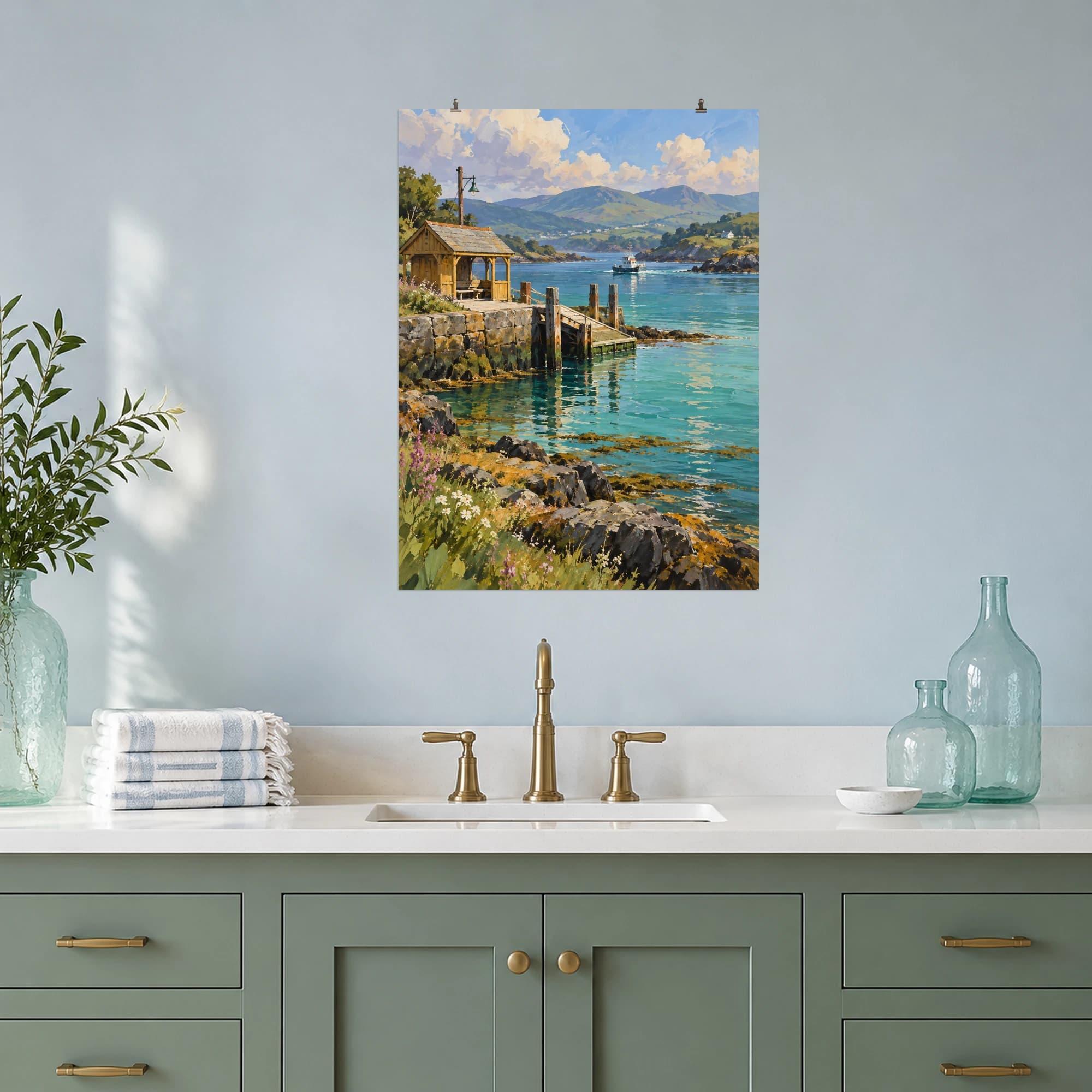 This gouache-style composition features a tiny ochre ferry landing with a wooden shelter beside turquoise tidal water and distant soft hills. Expressive brushwork and a balanced palette bring warmth and character to your space.