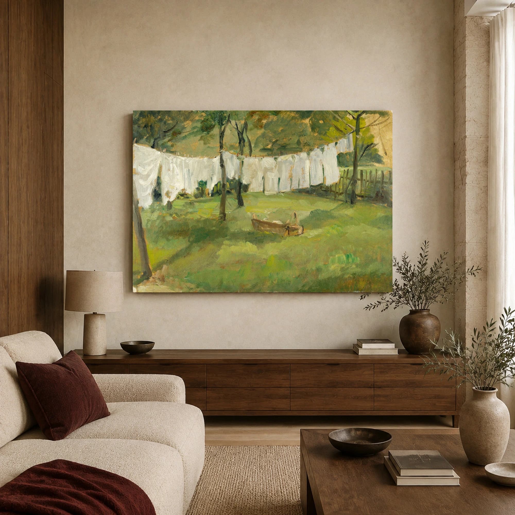 Laundry Drying in the Garden Impressionist Landscape Canvas Print, view 3