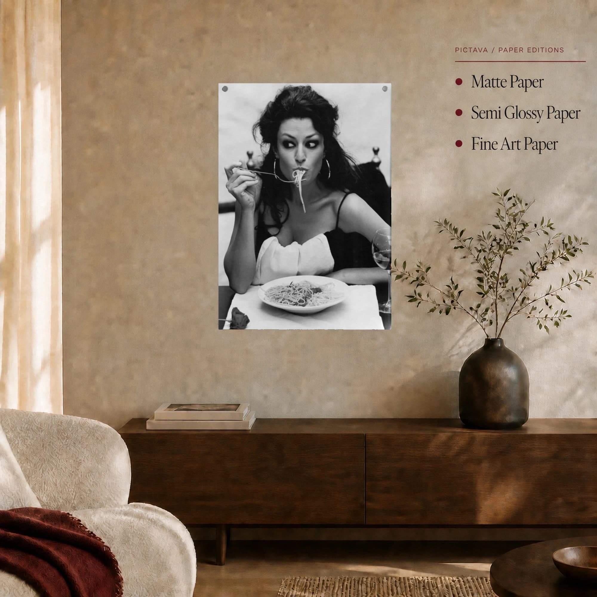 Sophia Loren Eating Spaghetti Black and White Photography Wall Art, view 7