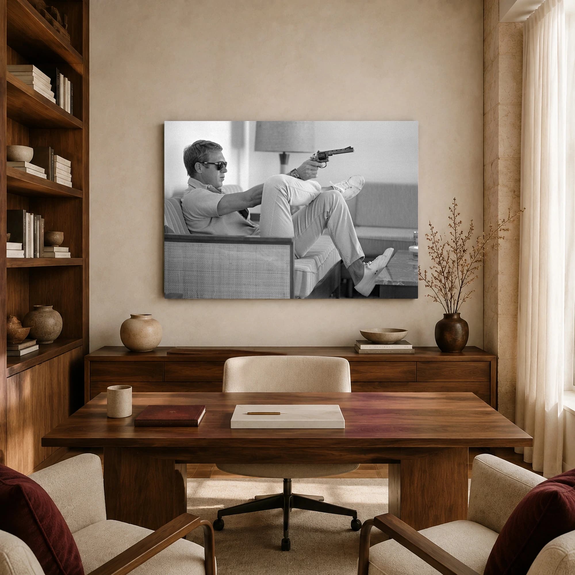 Steve McQueen Casual Gun Pose Black and White Photography Wall Art, view 7