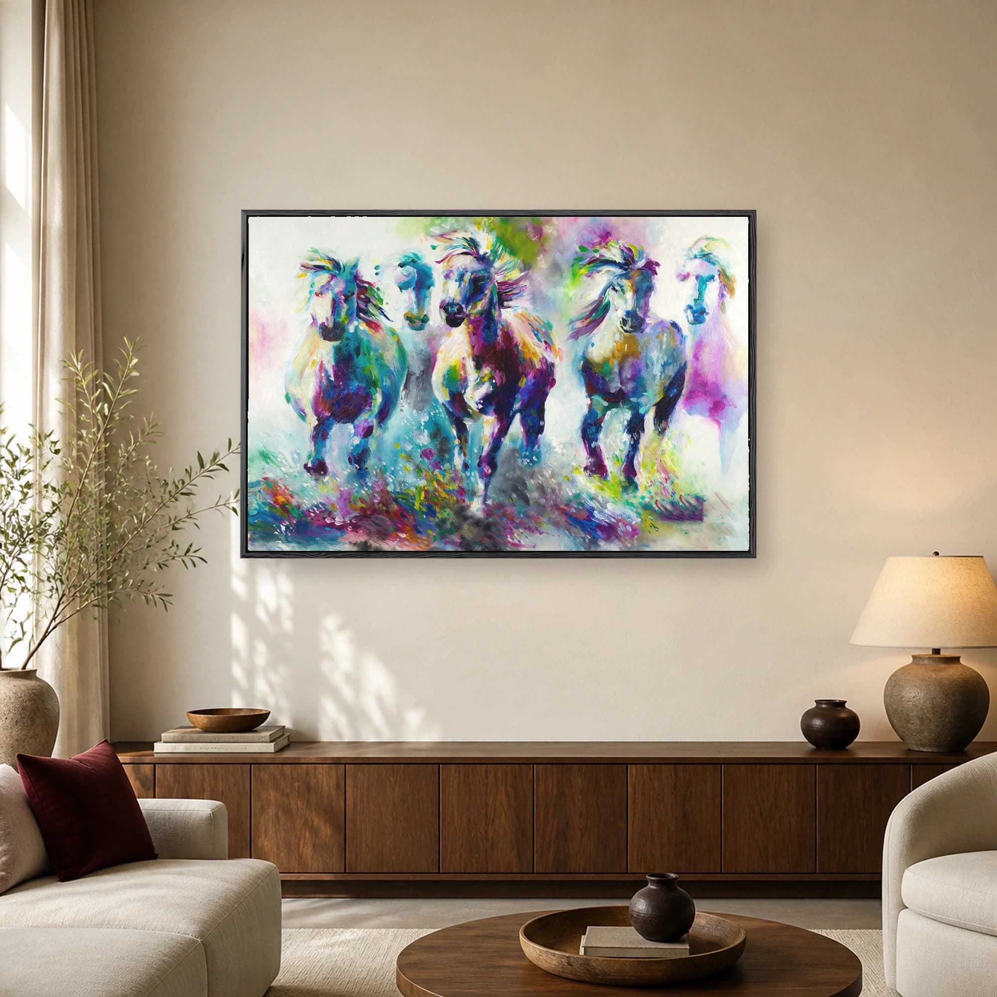 A vibrant abstract painting of a herd of horses galloping forward in colorful turquoise, magenta, and yellow brushstrokes.