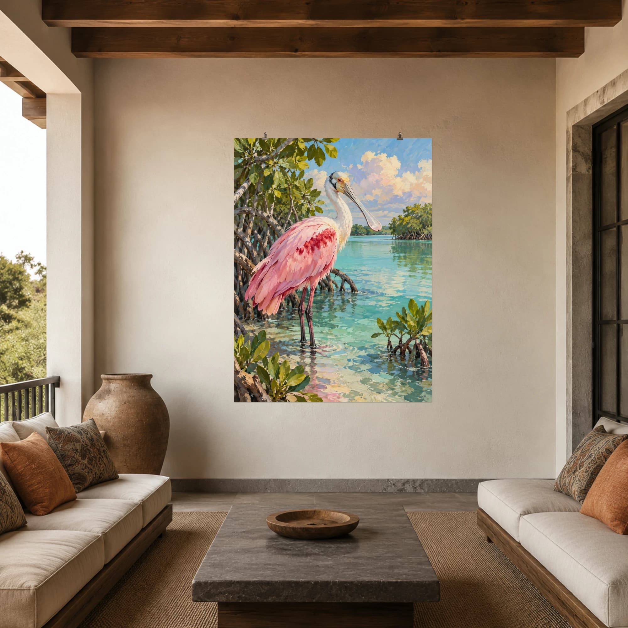 This gouache-style composition features a roseate spoonbill standing beside a calm pale turquoise lagoon with low mangroves. Expressive brushwork and carefully balanced color bring a distinctive focal point to your wall.