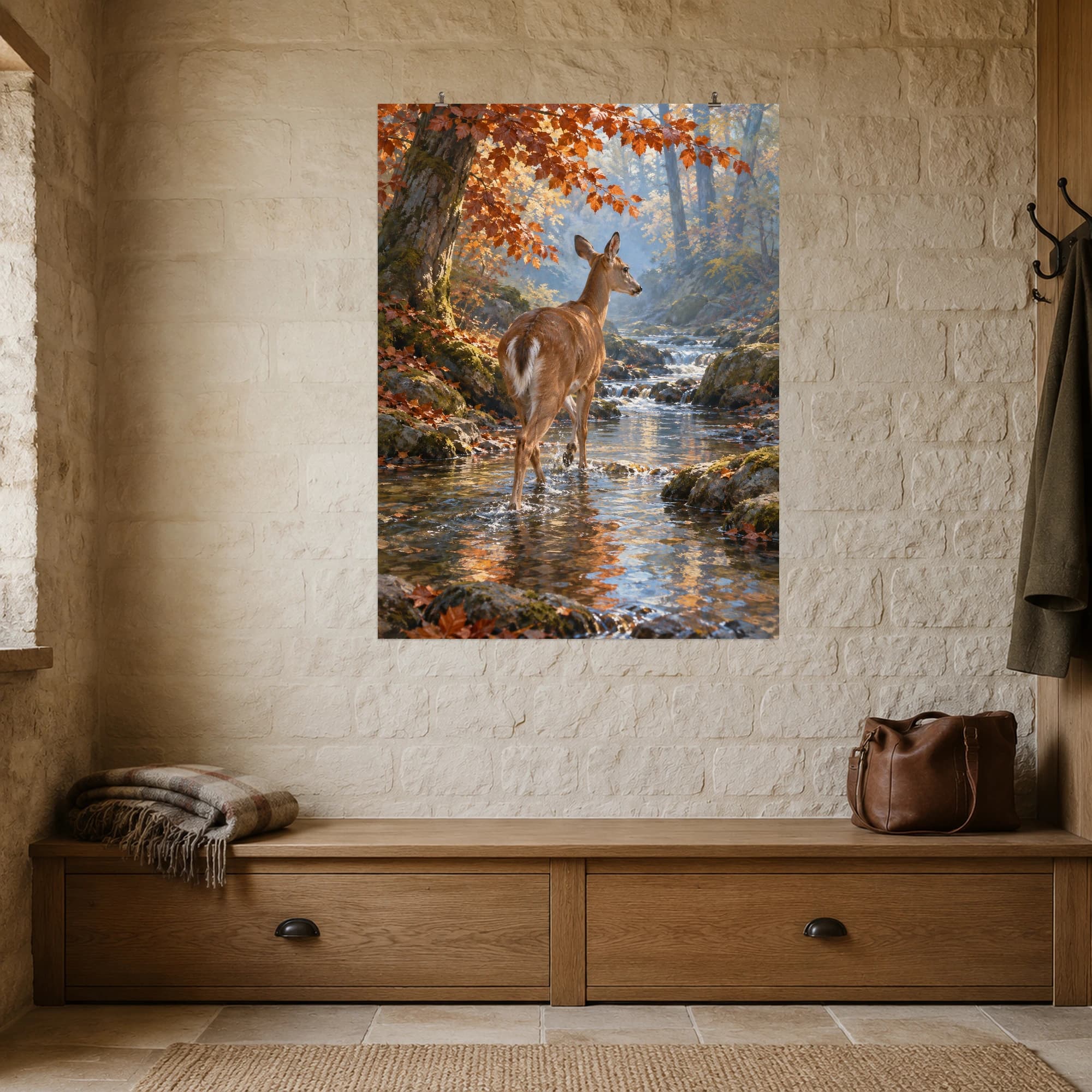 A doe steps across a shallow forest stream beneath copper autumn leaves.