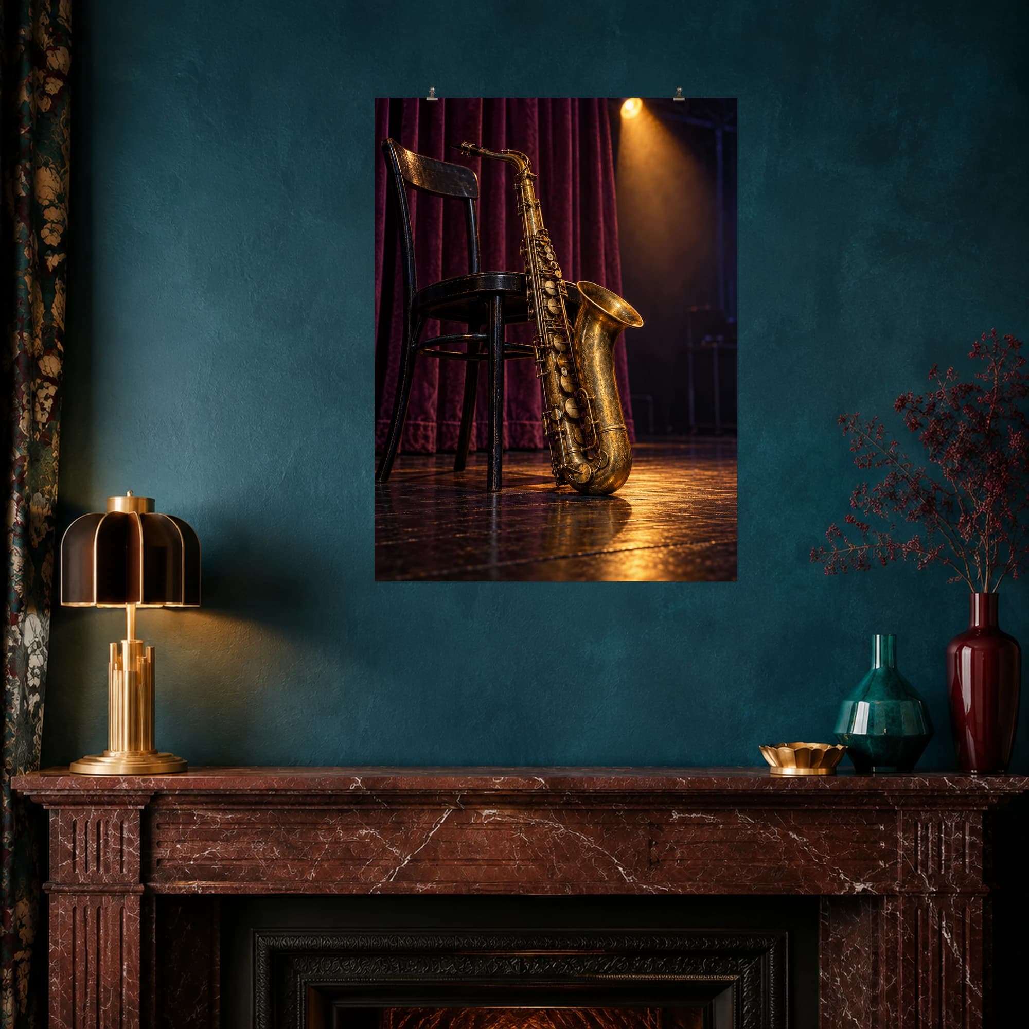 An aged brass saxophone rests against a chair beneath warm stage lighting and plum velvet curtains.