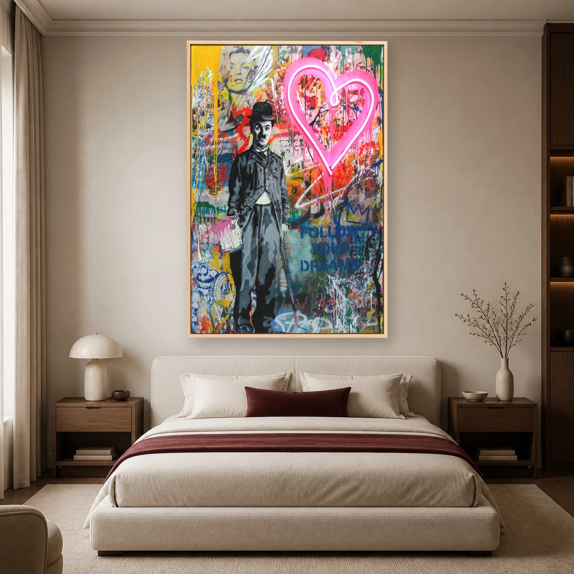 Charlie Chaplin Neon Heart Street Art Canvas Print, view 3