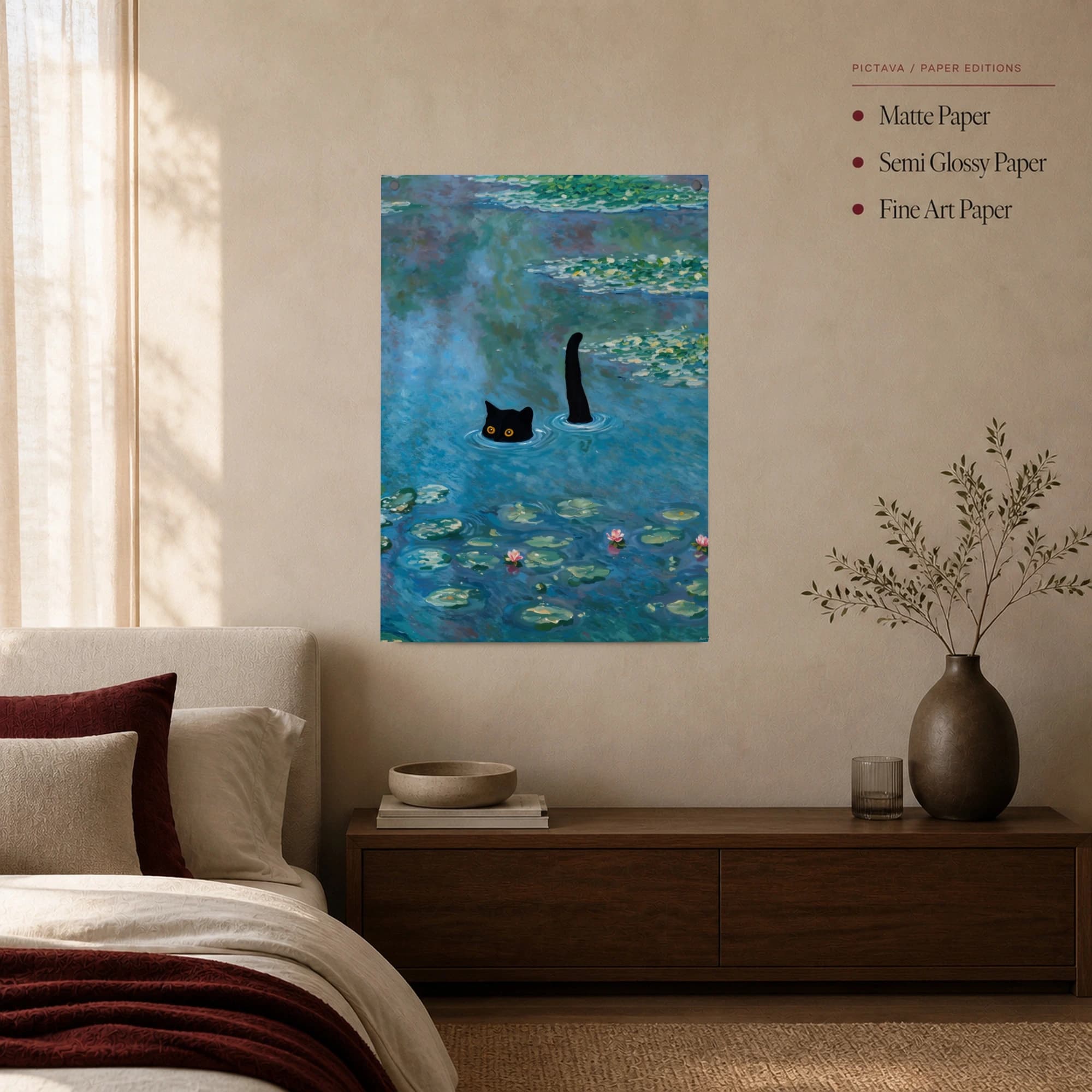 Black Cat Swimming in Water Lilies Pond Impressionist Canvas, view 3