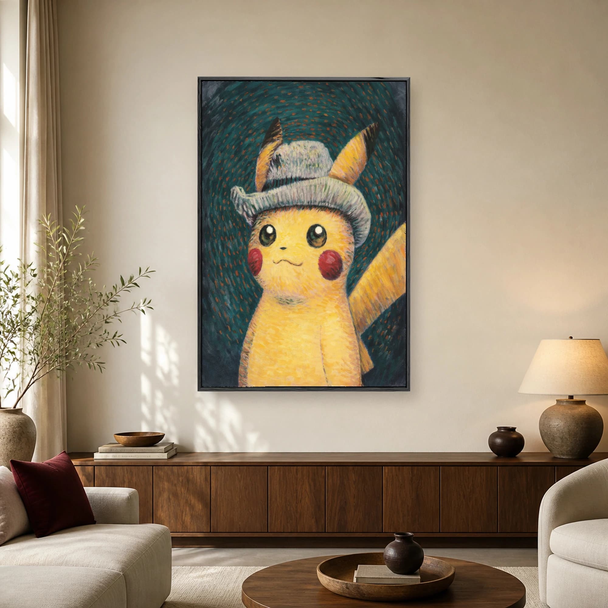 An oil painting portrait of Pikachu wearing a grey hat against a swirling teal and orange post-impressionist background