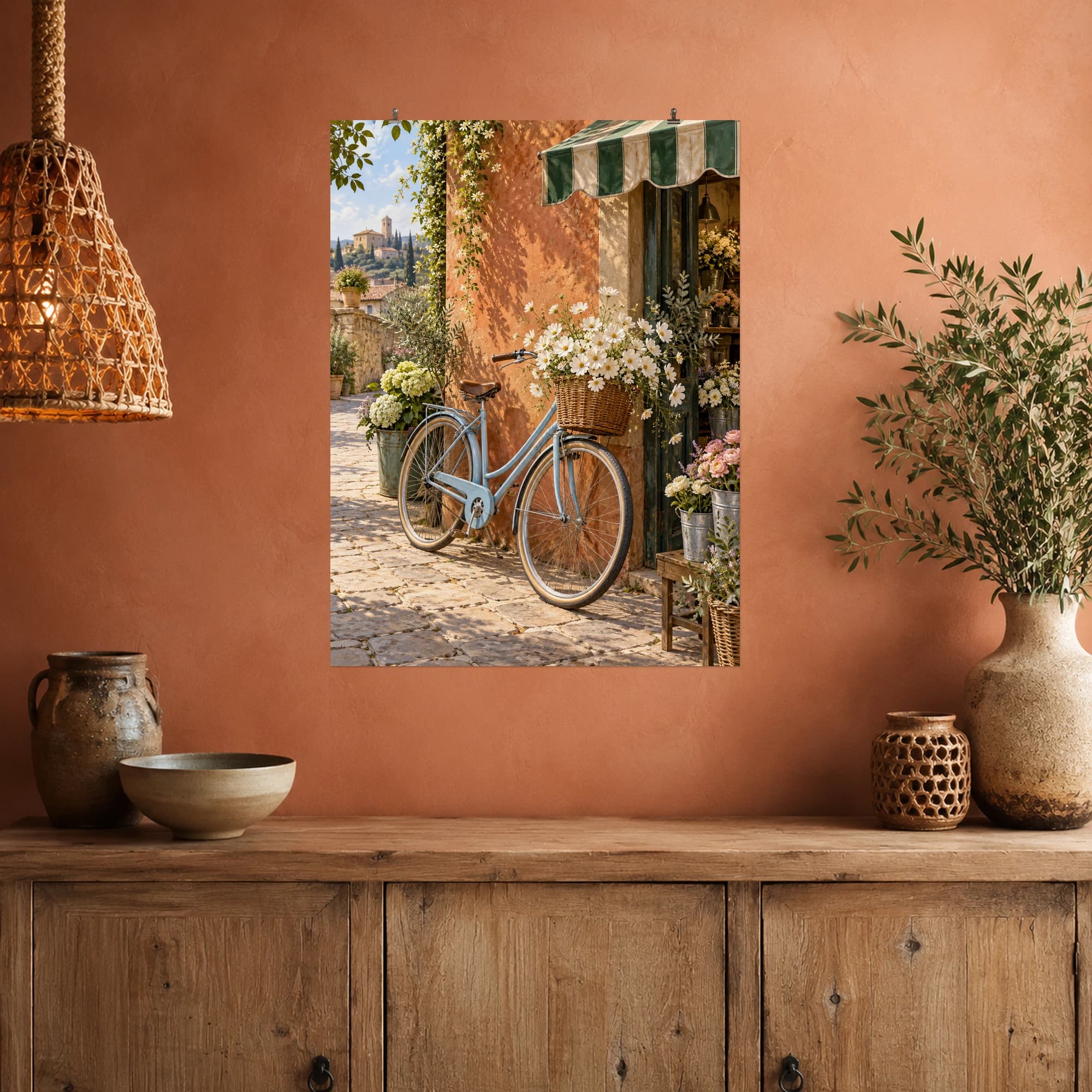 A blue bicycle filled with white cosmos waits outside a sunlit village flower market.