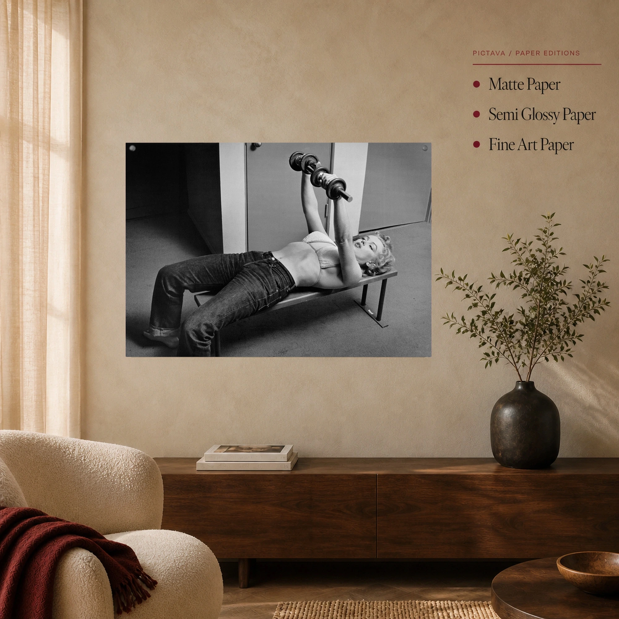 Marilyn Monroe Lifting Weights Vintage Black & White Wall Art, view 3