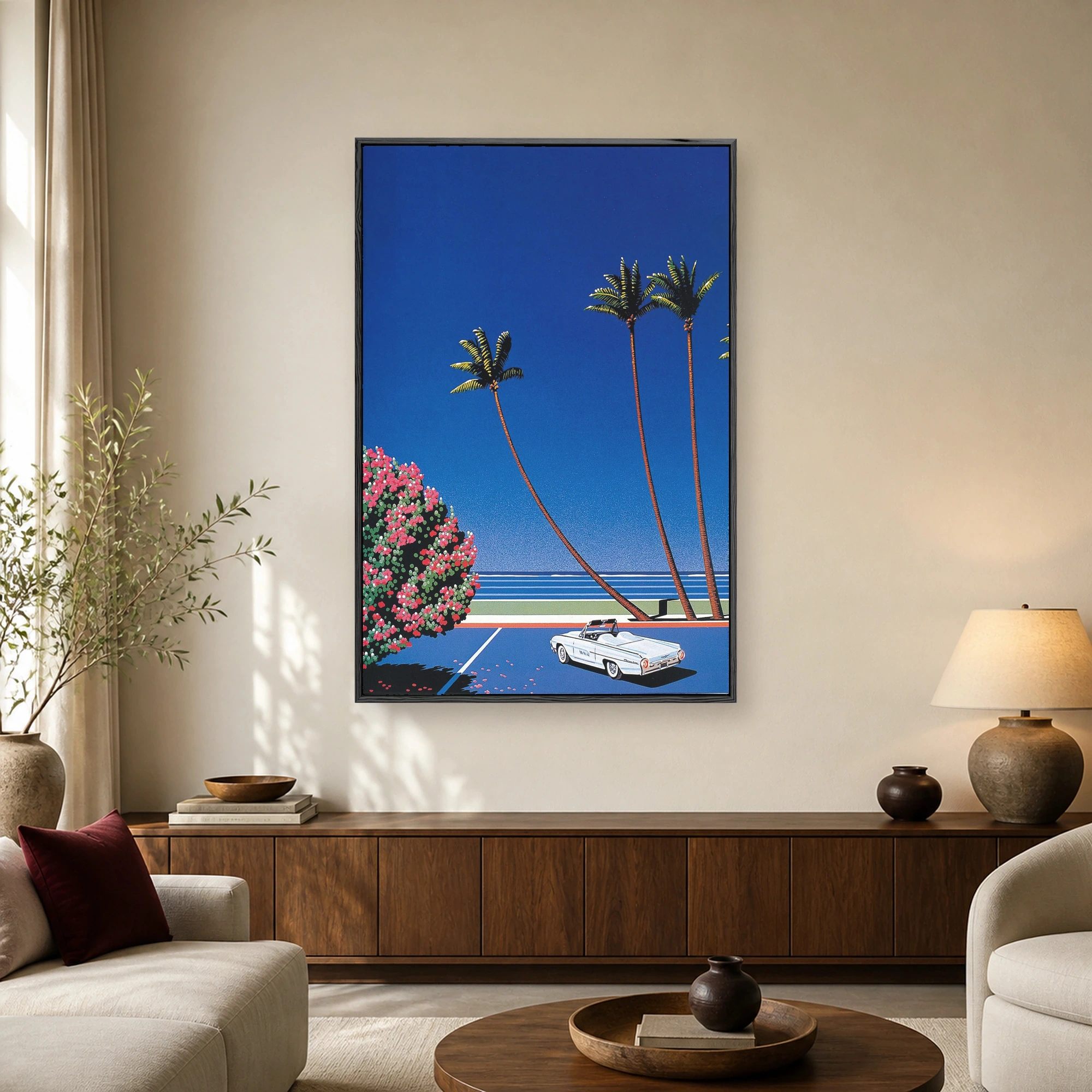 Graphic illustration of a white vintage convertible parked along an ocean boulevard under tall palm trees with blooming pink bougainvillea under a blue sky.