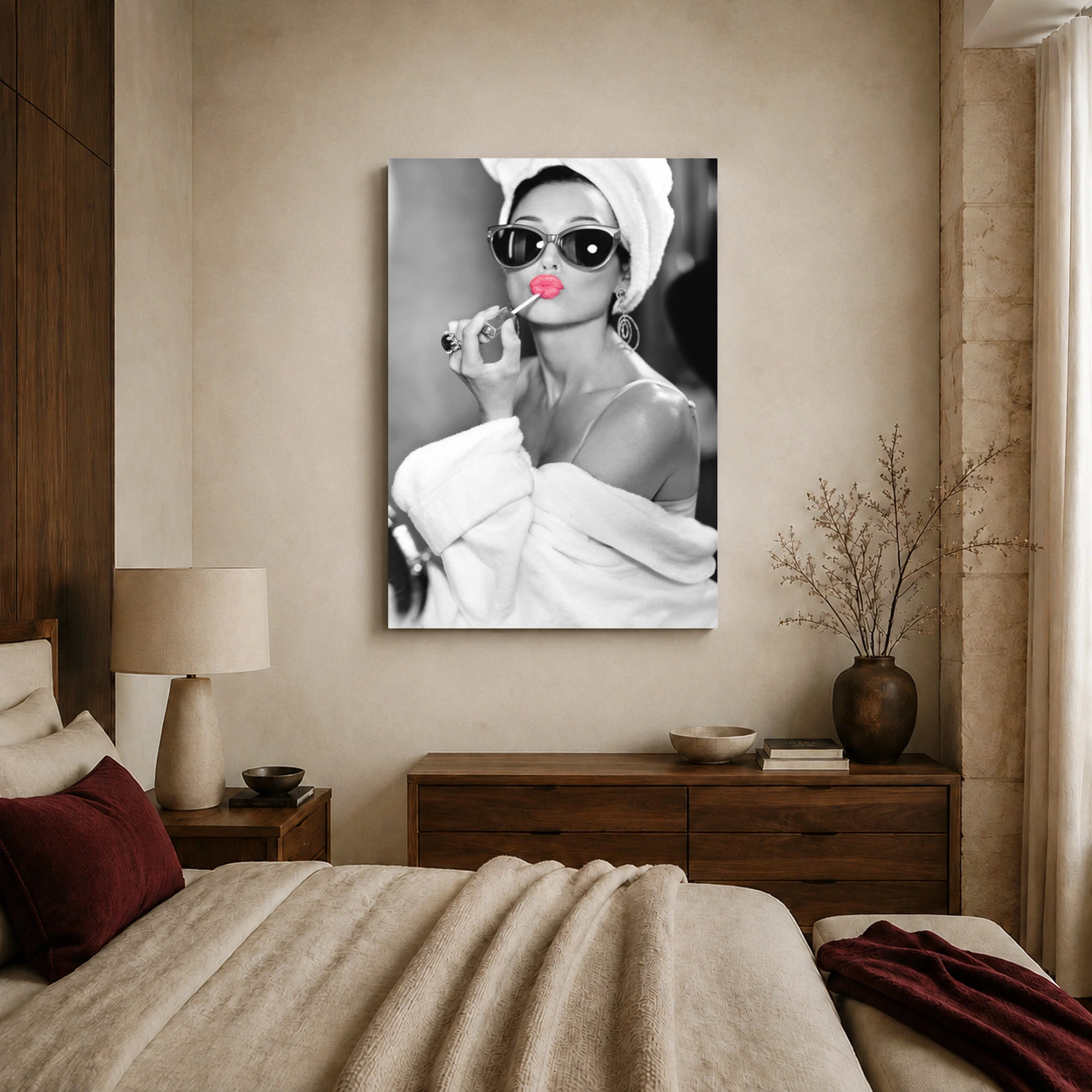 Audrey Hepburn Chic Bathrobe & Pink Lipstick Portrait Wall Art, view 8