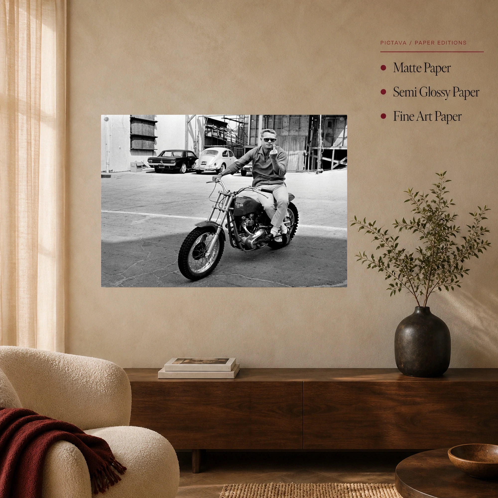 Steve McQueen Rebel Motorcycle Black and White Fine Art Print, view 4