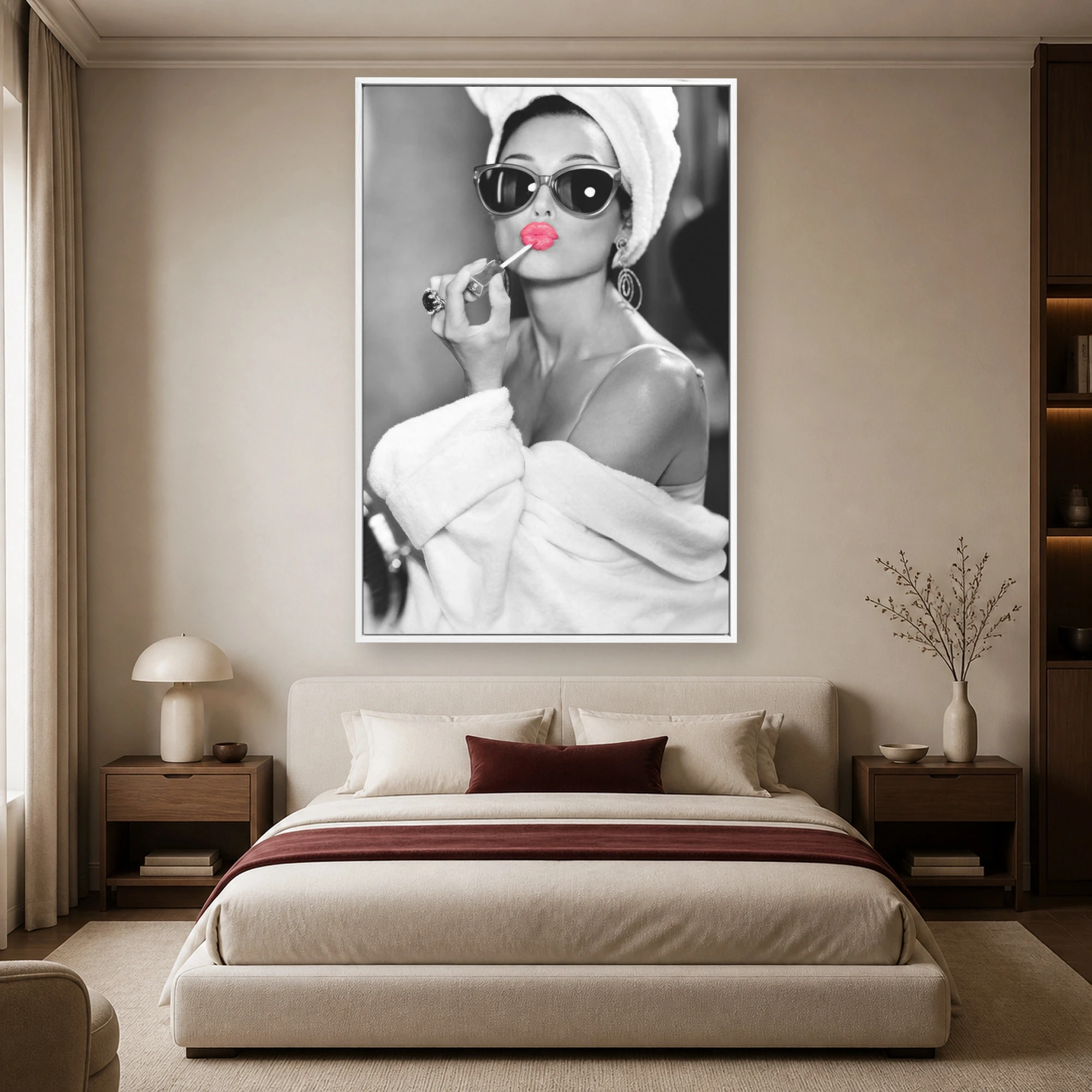 Audrey Hepburn Chic Bathrobe & Pink Lipstick Portrait Wall Art, view 4