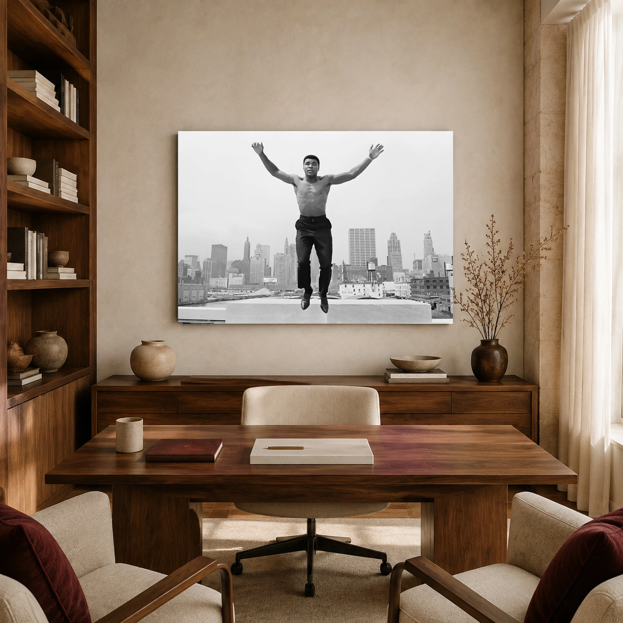 Muhammad Ali Leaping Over Chicago Black and White Wall Art, view 7